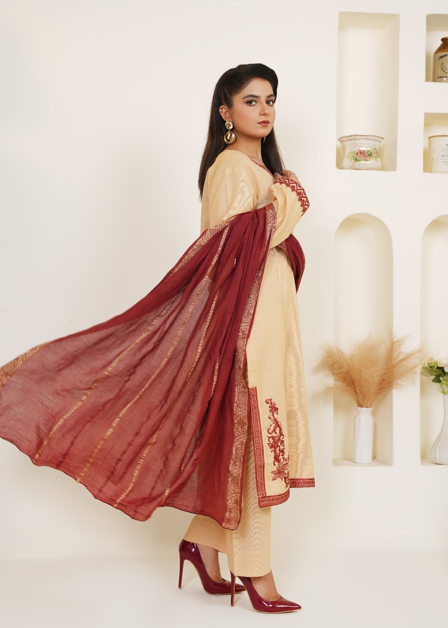 khaddar Kurta Set in Gold, burnt red, buttercream