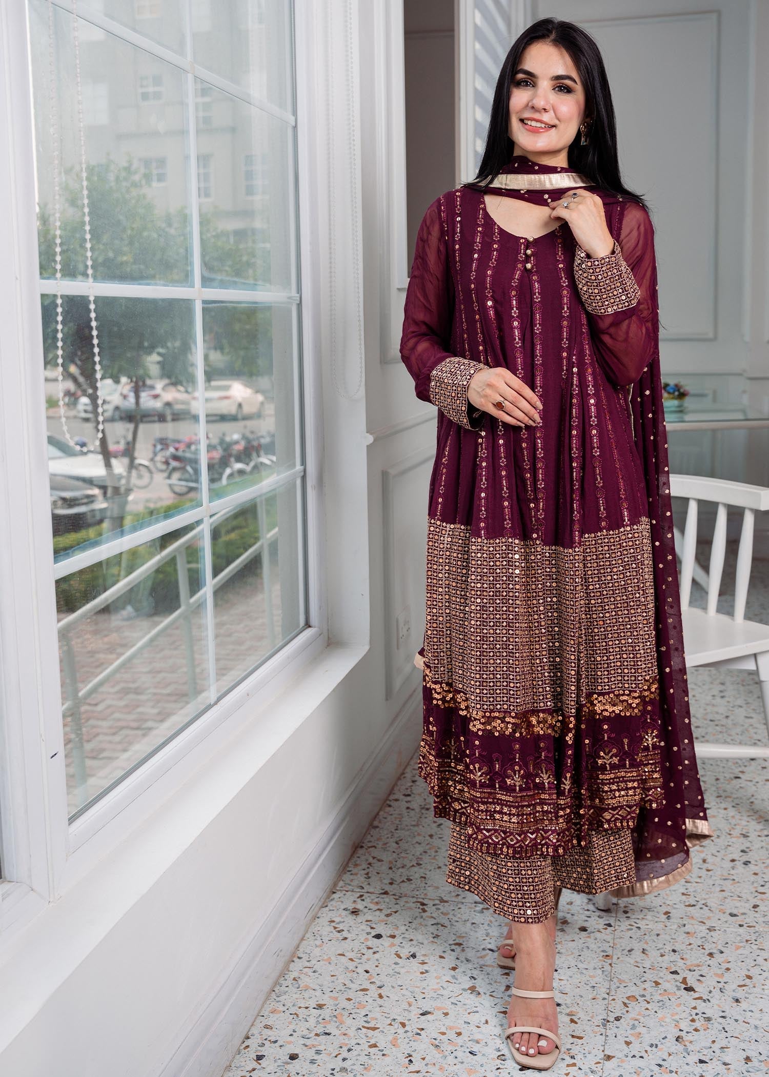 chikankari cotton Gown in Plum
