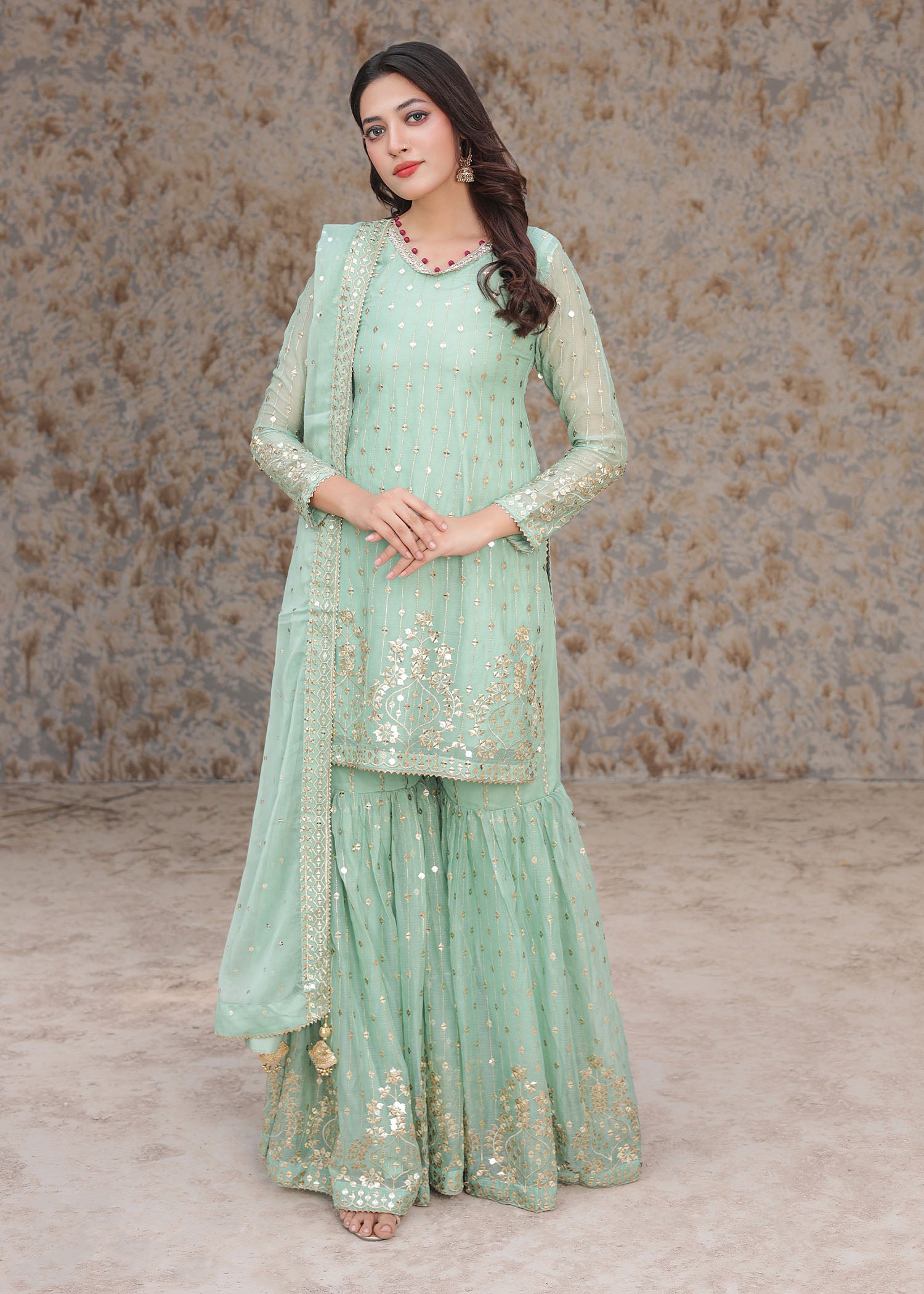 chiffon Gharara in Pastel green