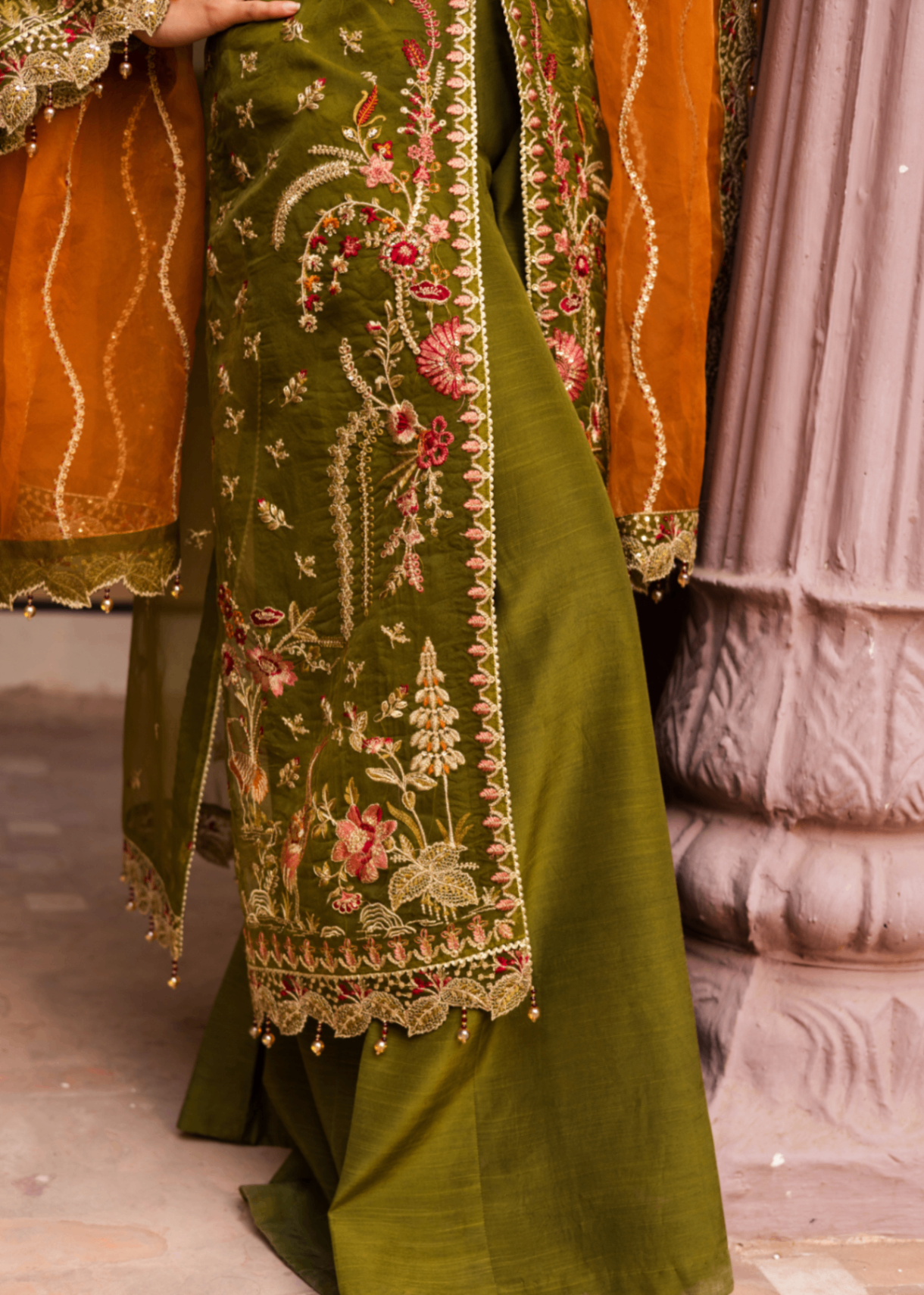 organza Unstitched in Olive green