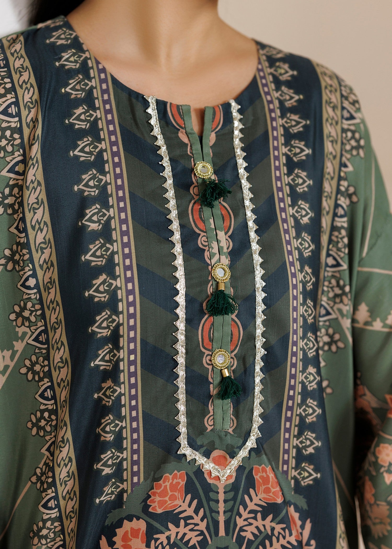 raw silk Kaftan in Avocado green