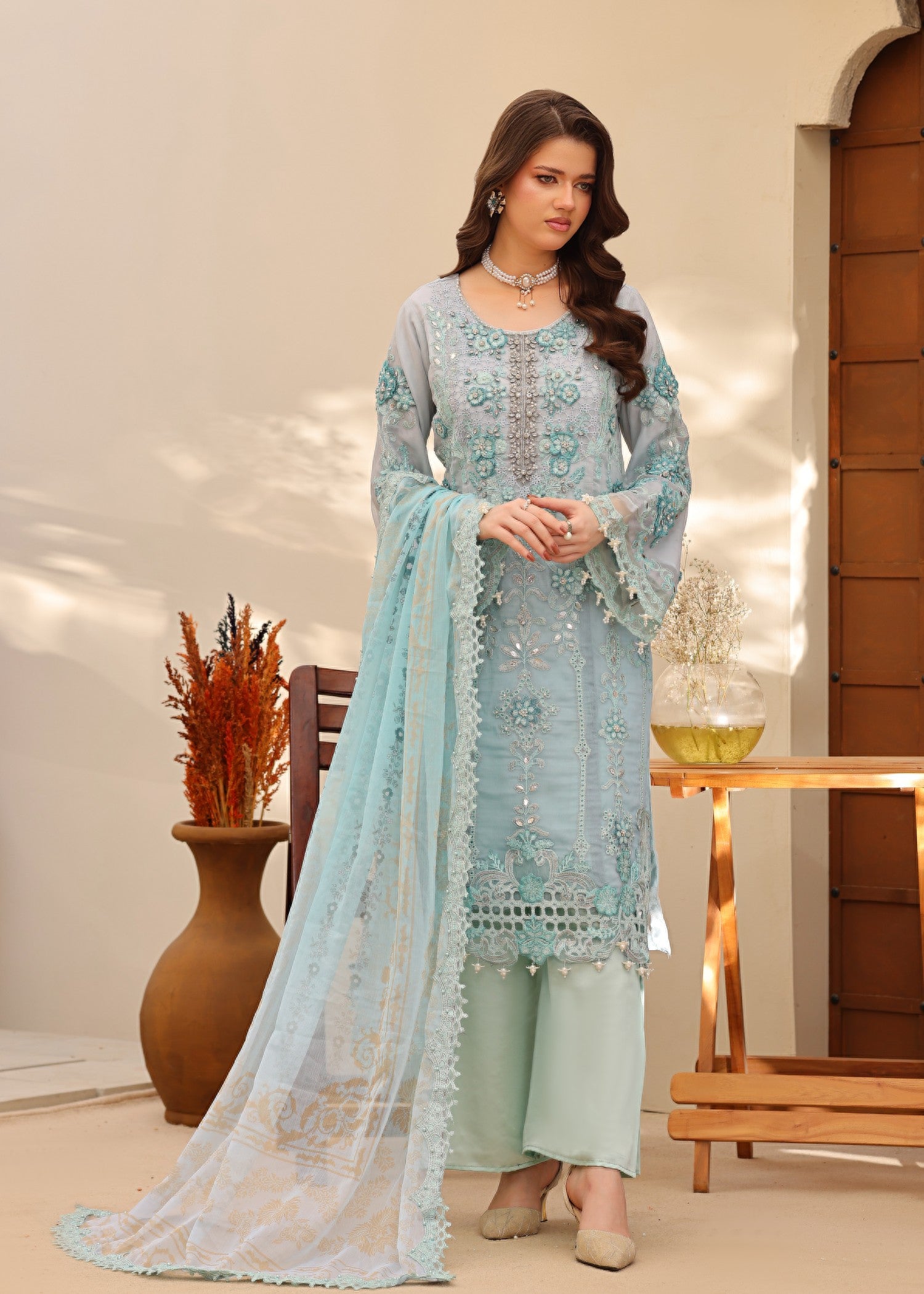 chiffon Kurta Set in Light blue