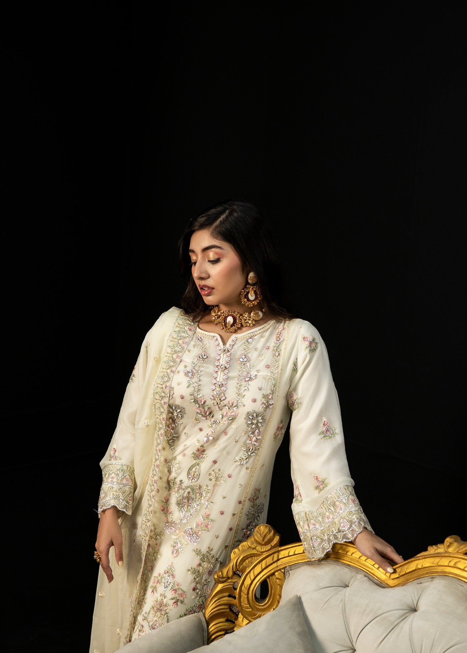 crinkle chiffon Kurta Set in Ivory