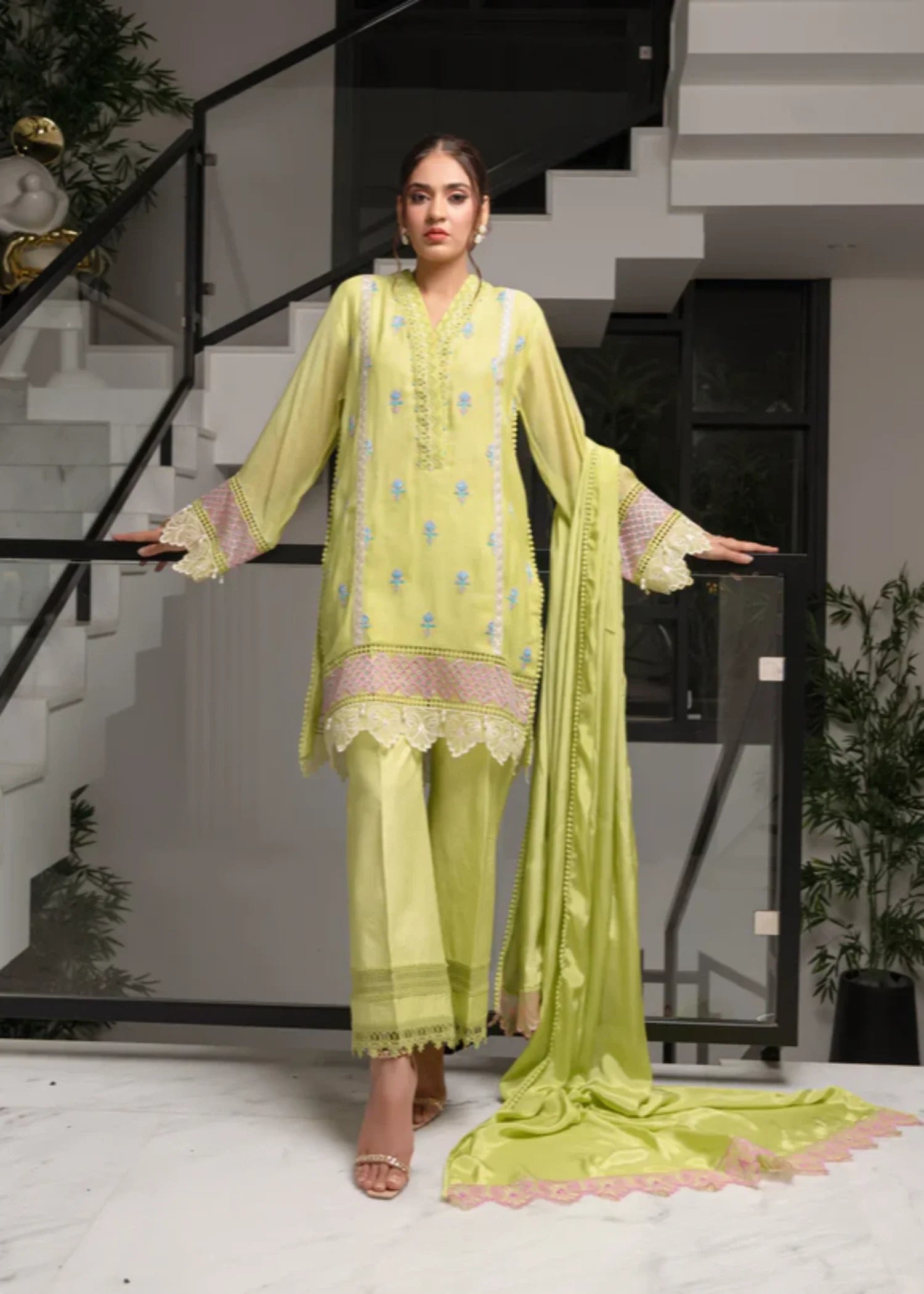 khaddi net Kurta Set in Lime green