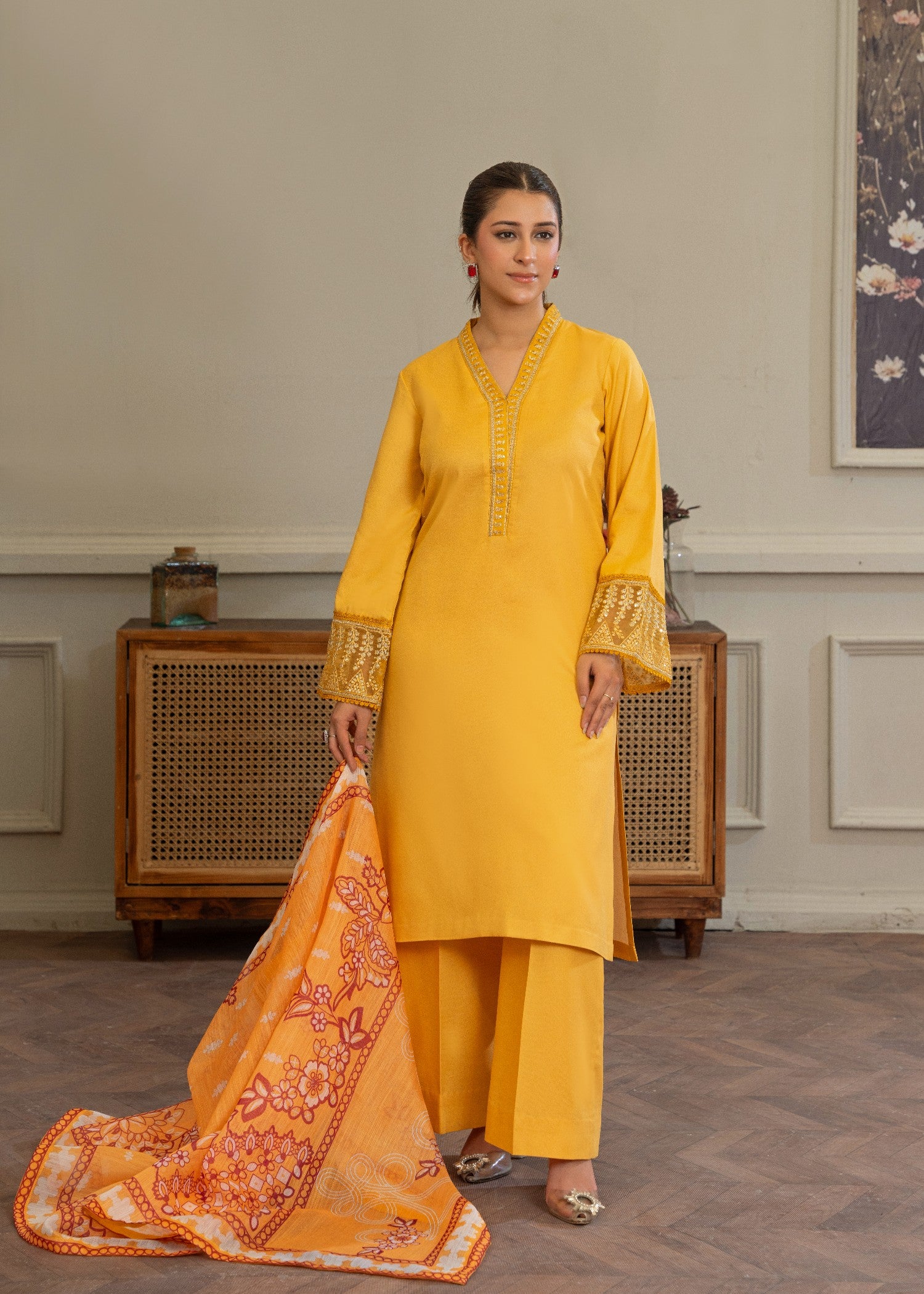lawn karandi Kurta Set in Marigold