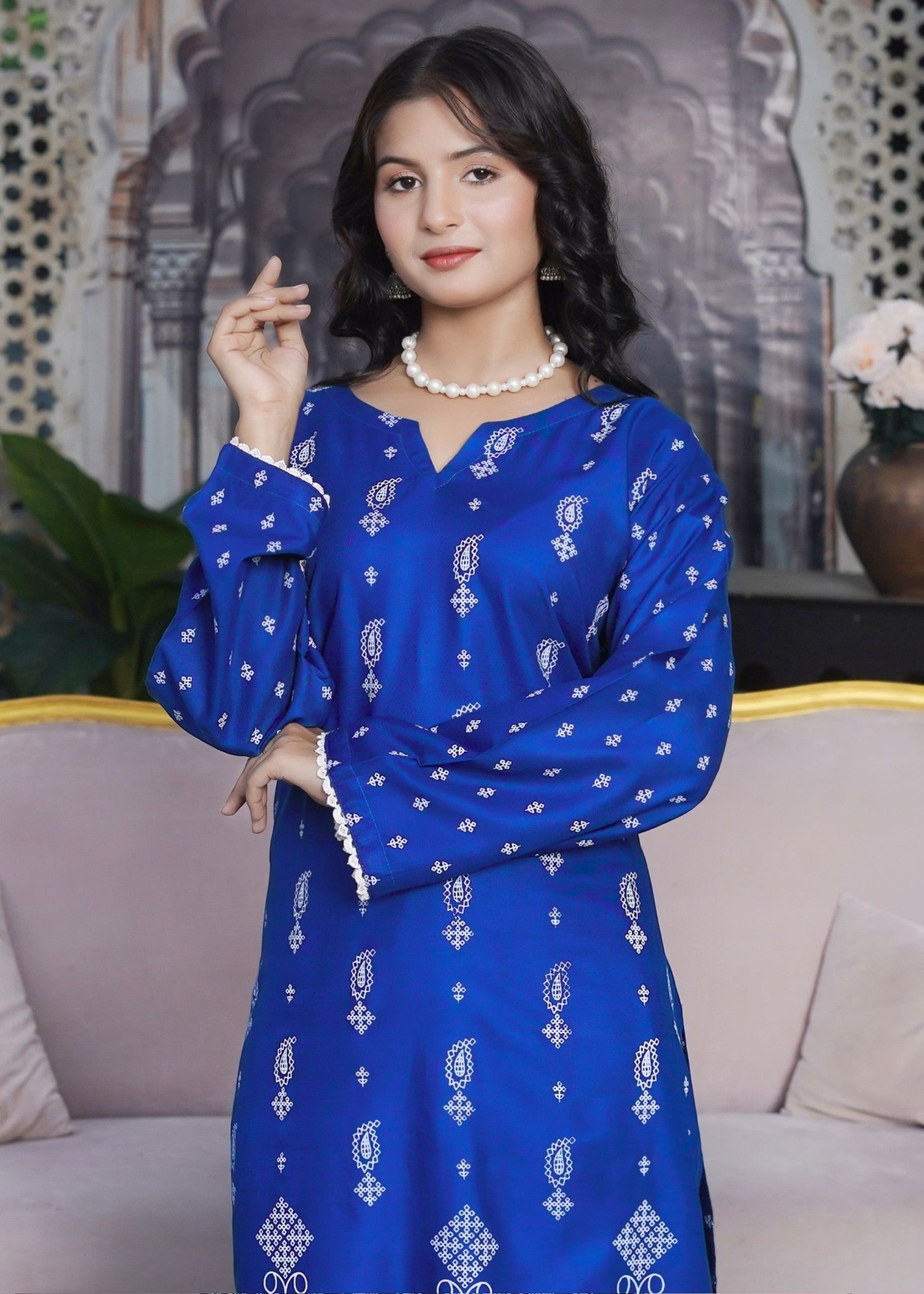 arabic lawn Kurta Set in Blue