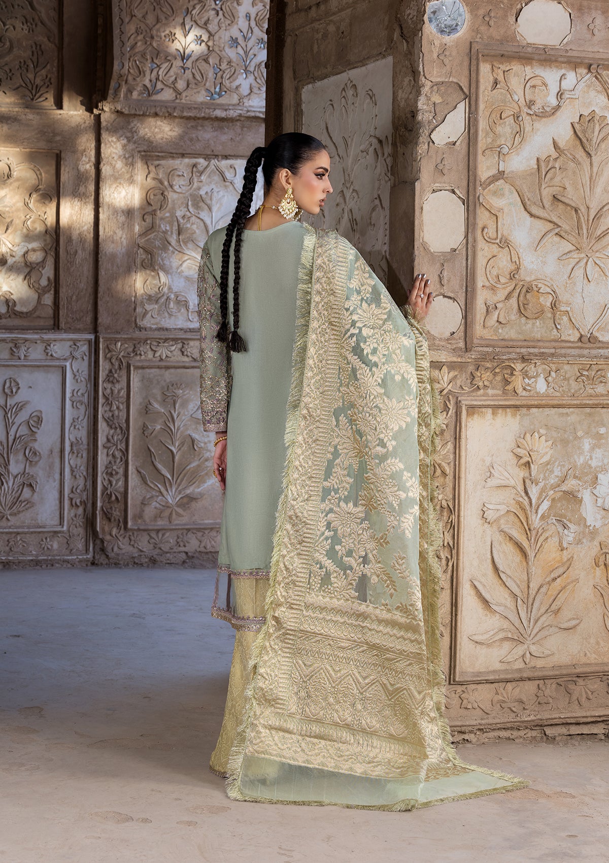 net Kurta Set in Moss green