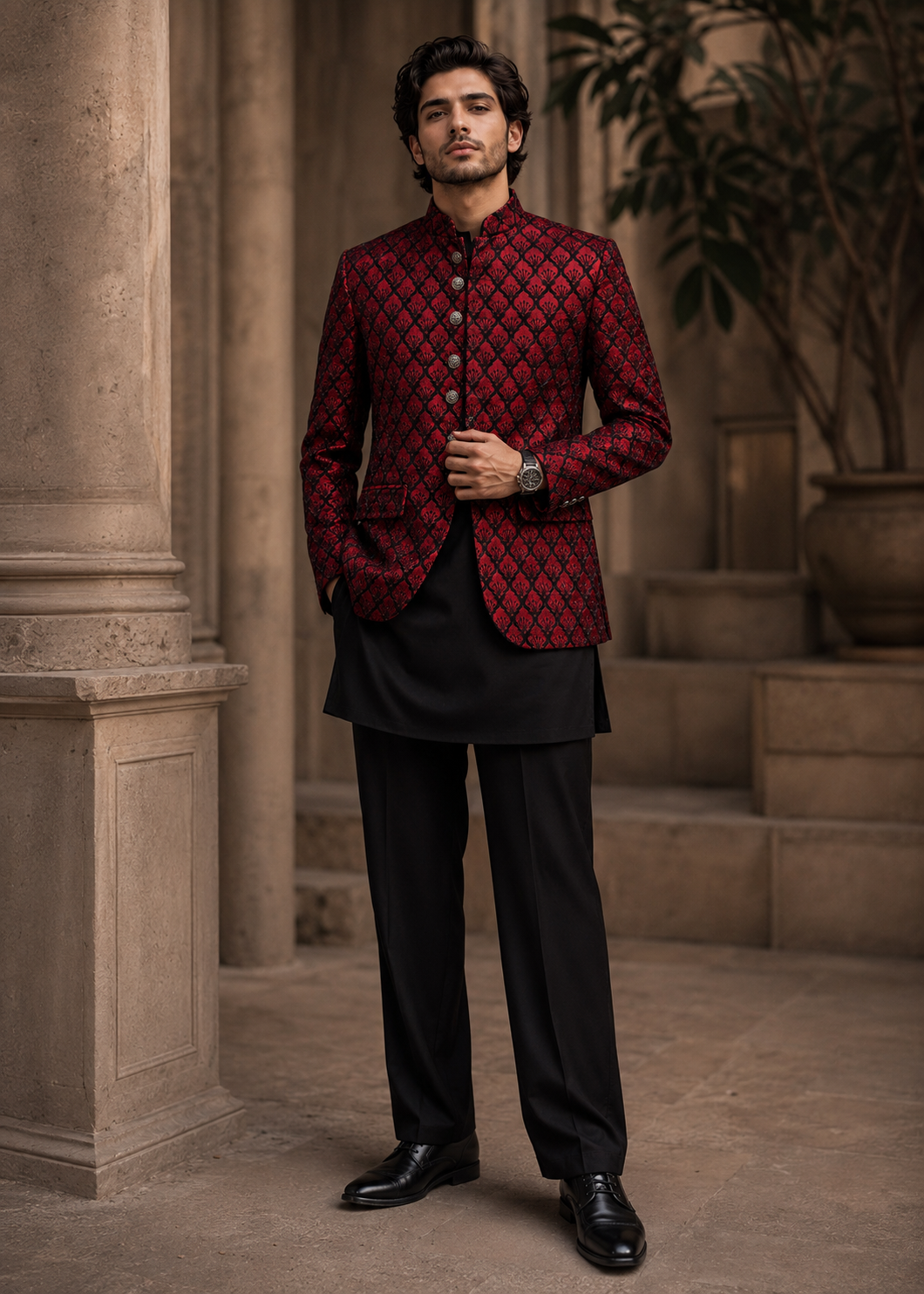 silk Prince Coat in Blood red, black