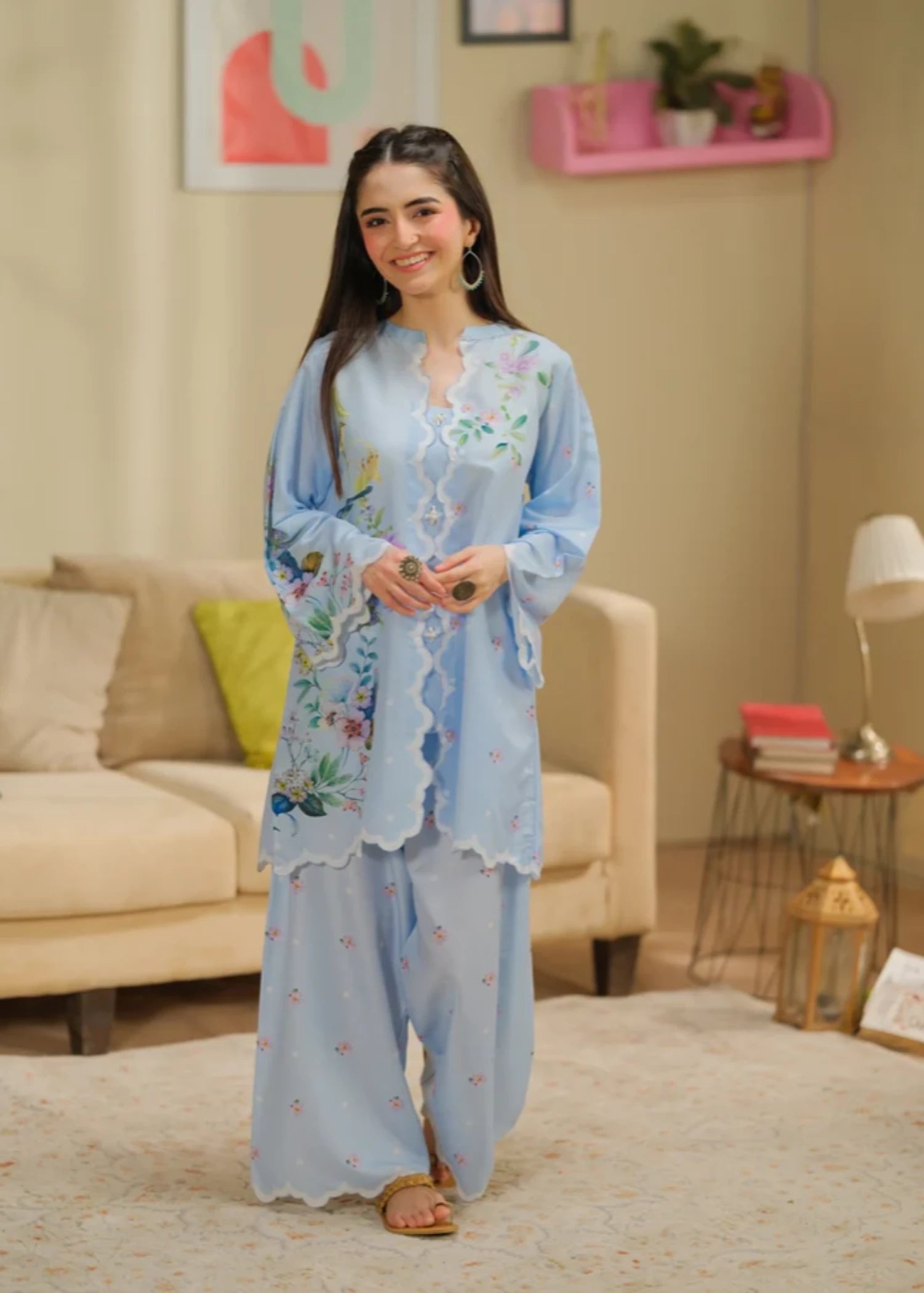 cambric Kurta Set in Light blue