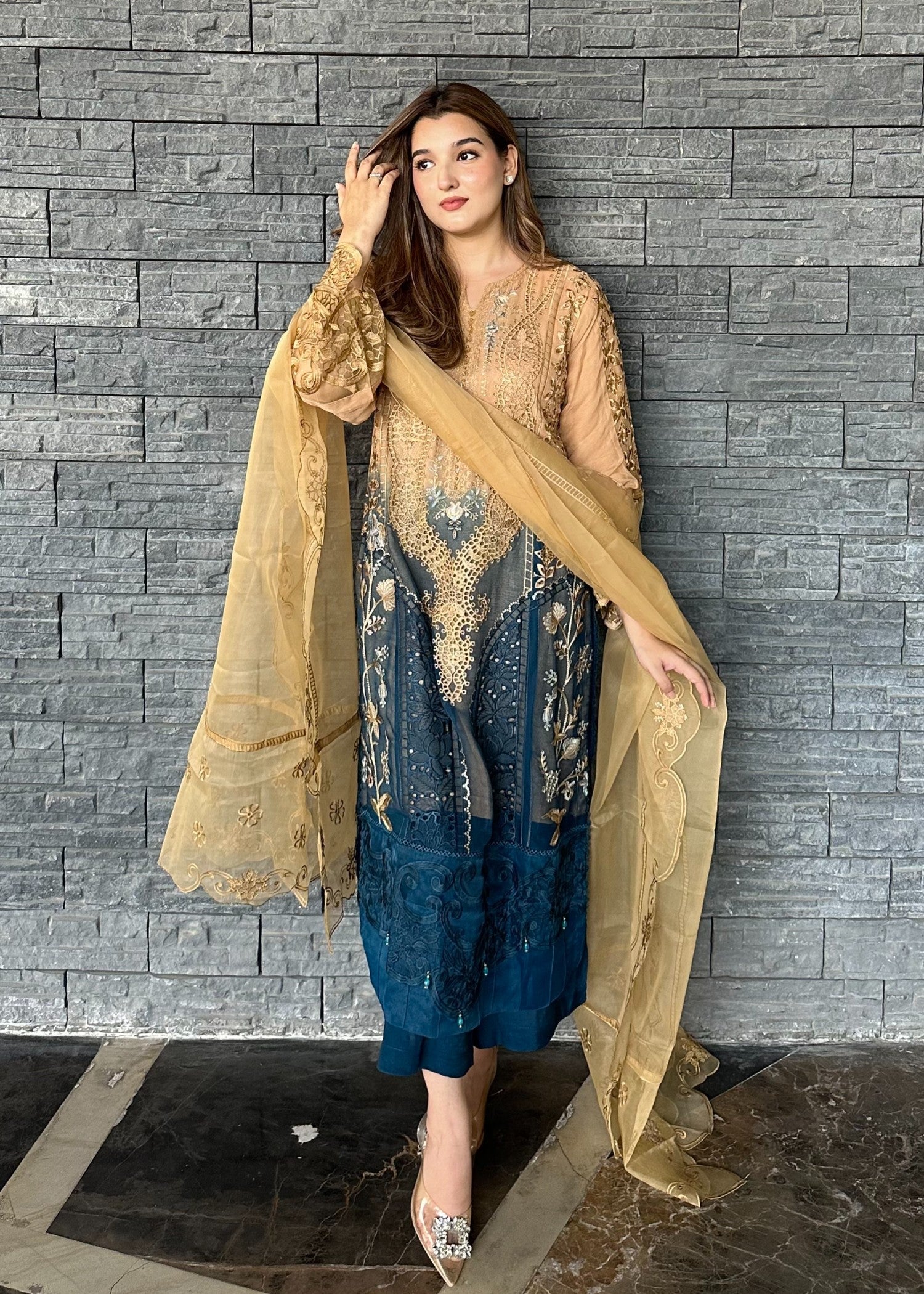 chiffon Kurta Set in Teal, buttercream