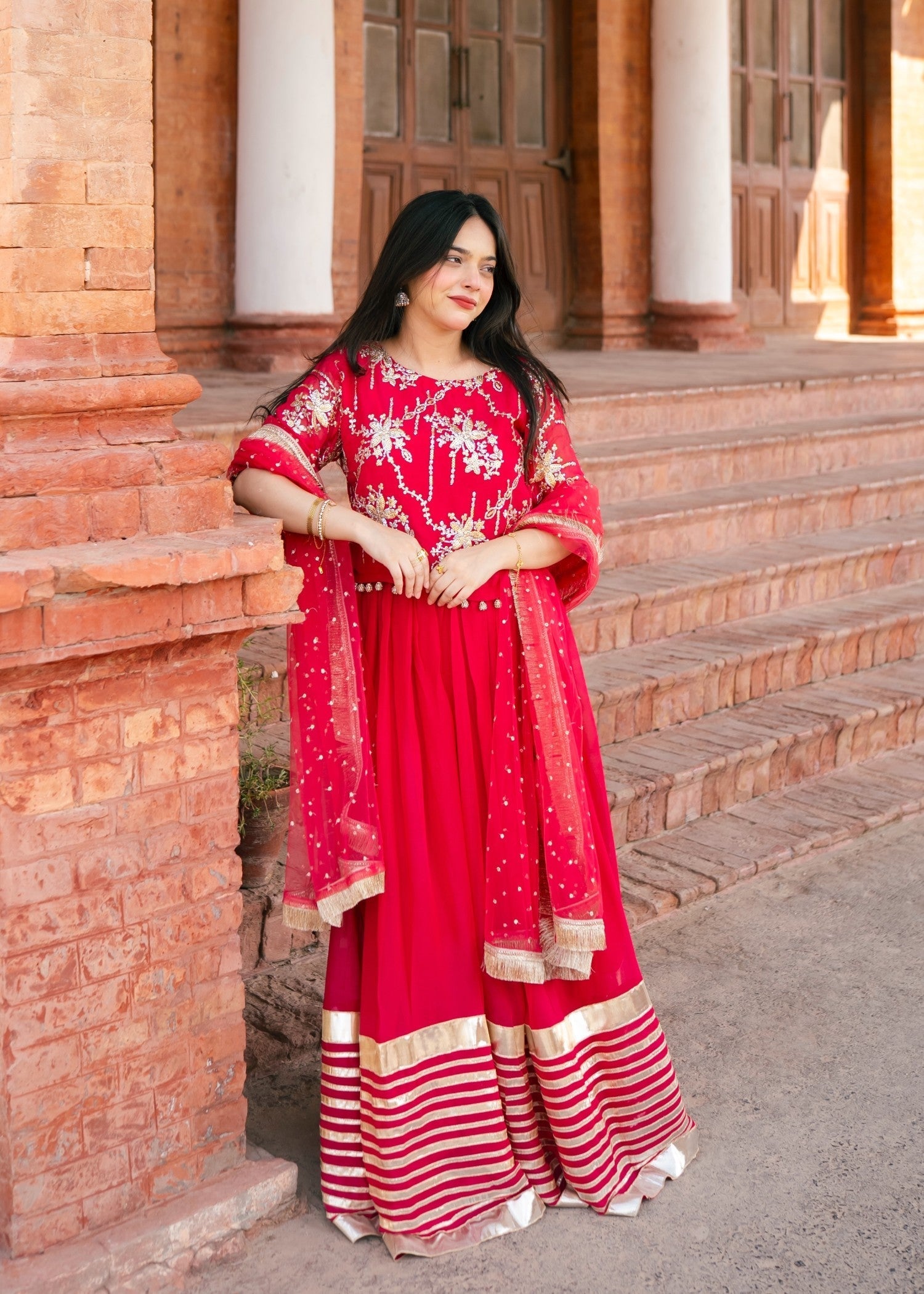 bemberg crinkle chiffon Lehenga in Raspberry pink