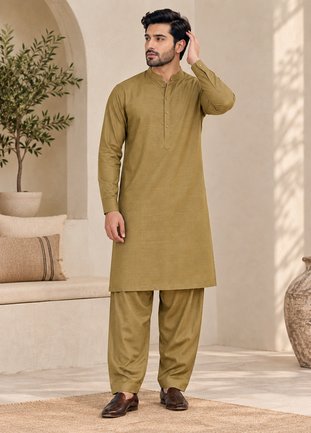 textured wash & wear Unstitched in Camel brown