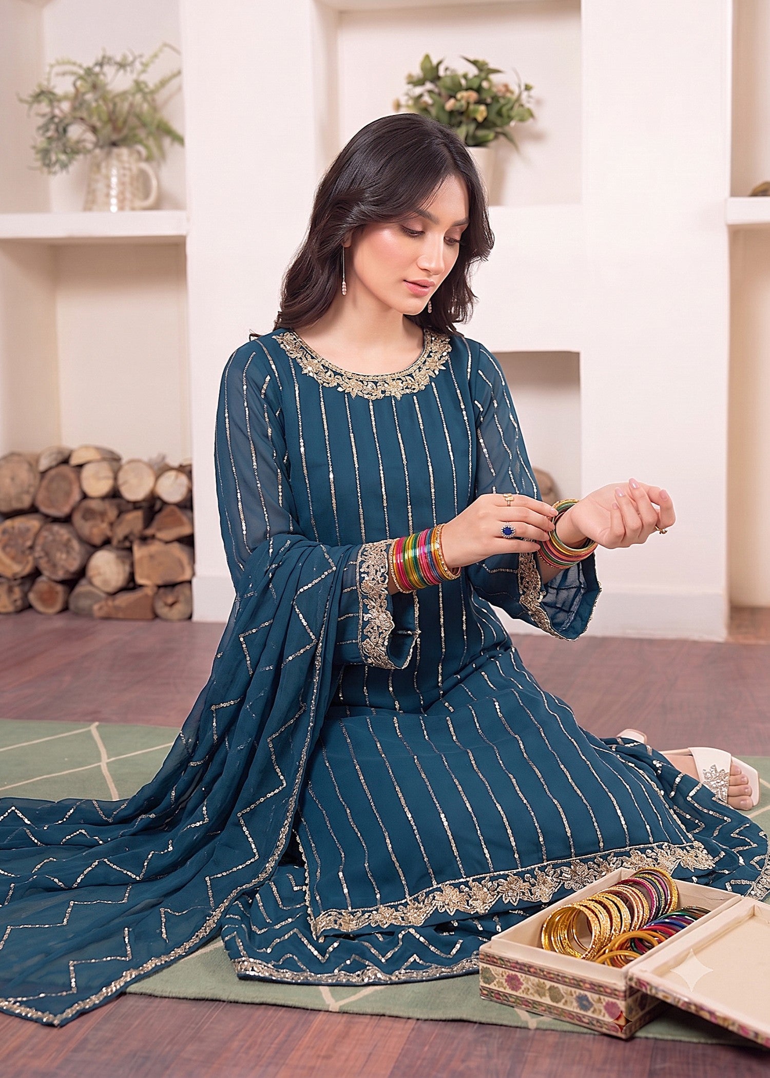 chiffon Kurta Set in Steel blue