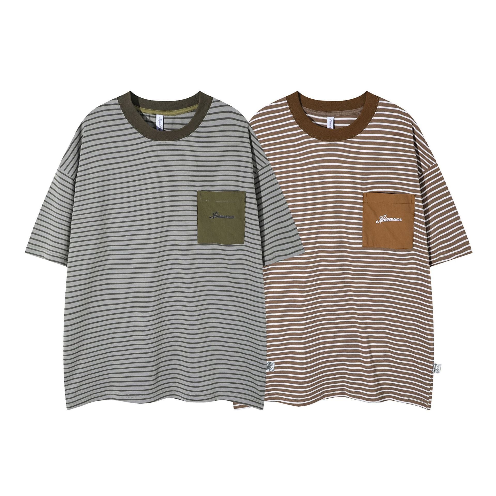 Vintage Stripe Patchwork Pocket Men's Loose Trendy Casual All-matching Half Sleeve