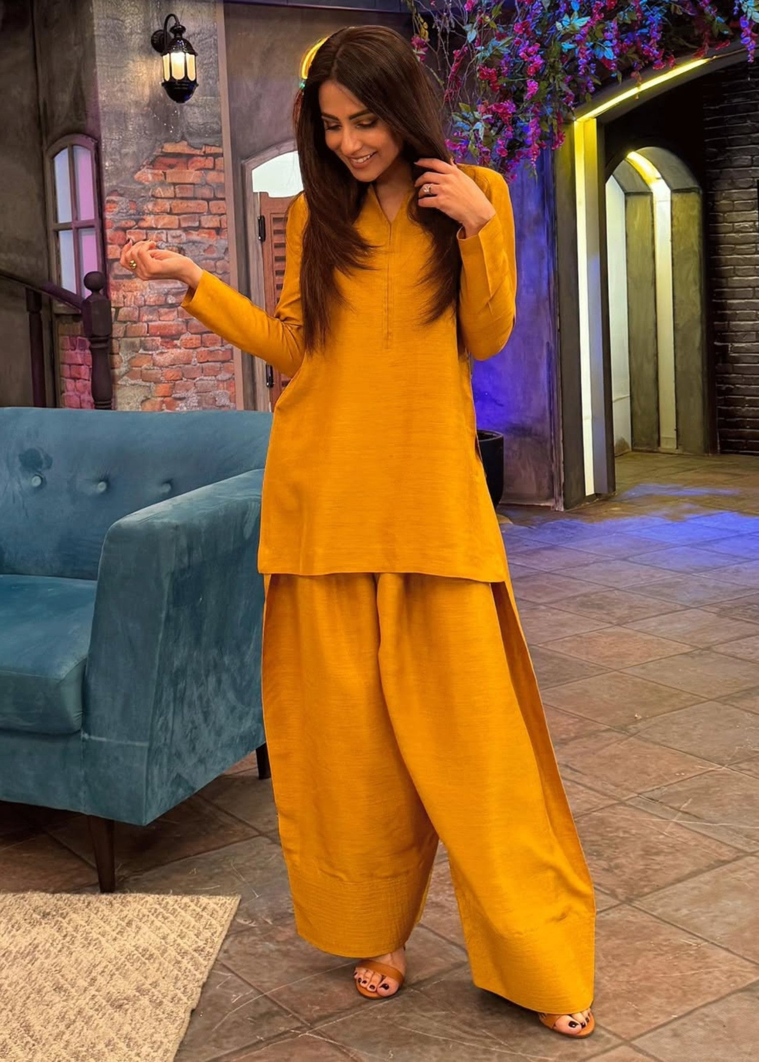 indian raw silk Kurta Set in Saffron