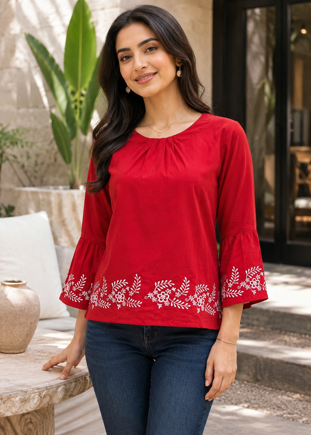 cotton karandi Top in Red