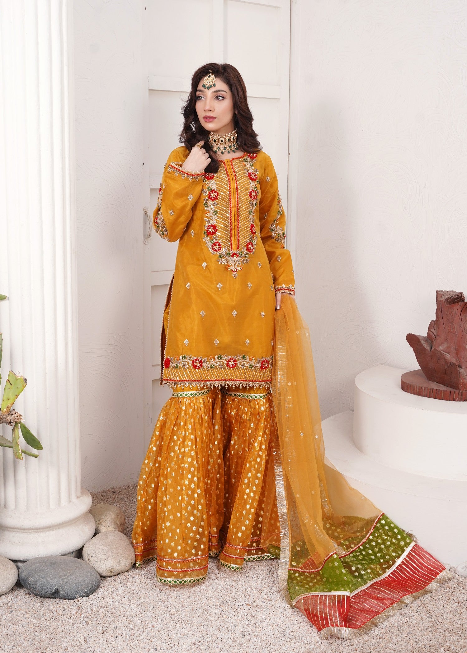 organza Gharara in Mustard