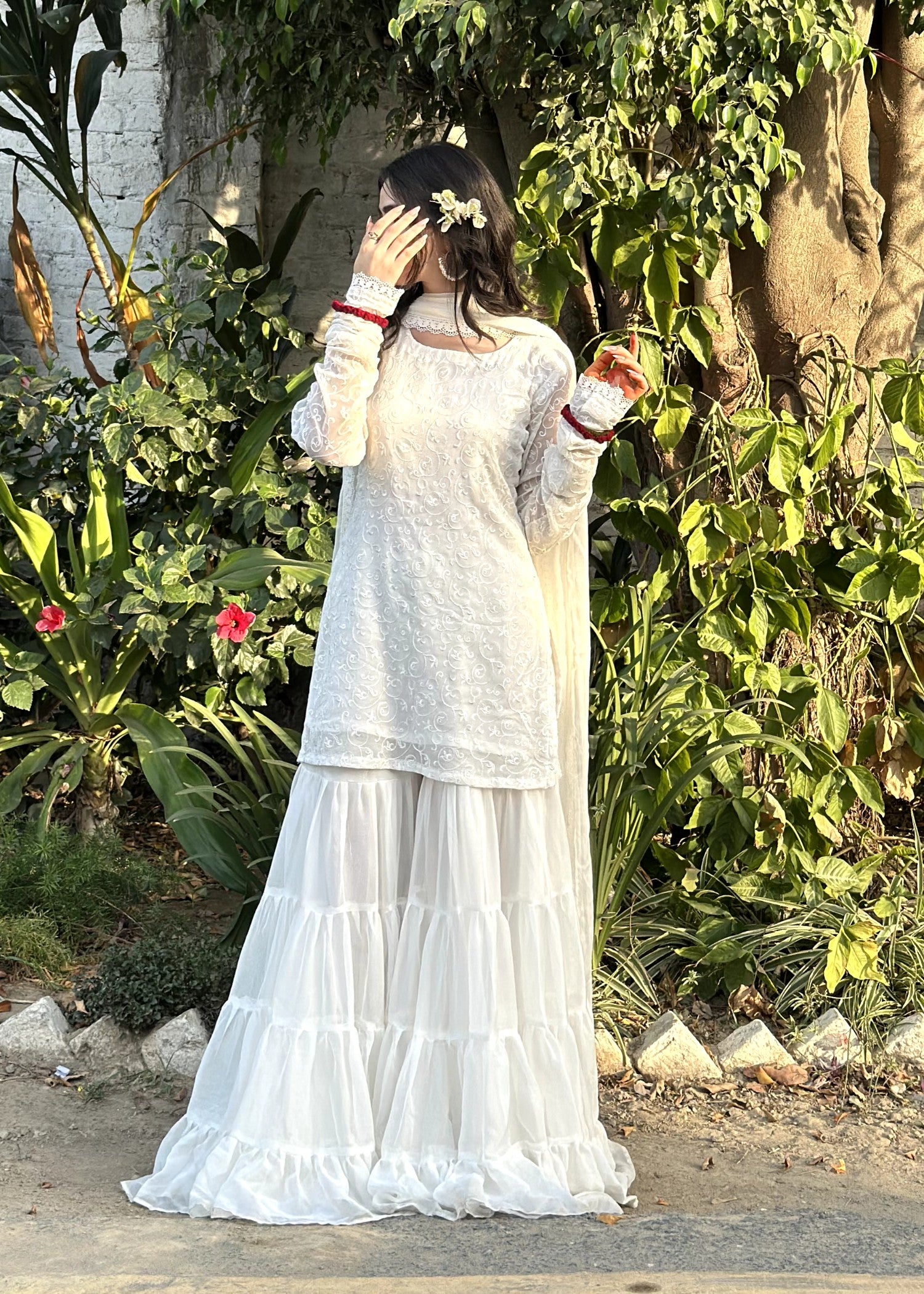 bemberg crinkle chiffon Gharara in Off-white