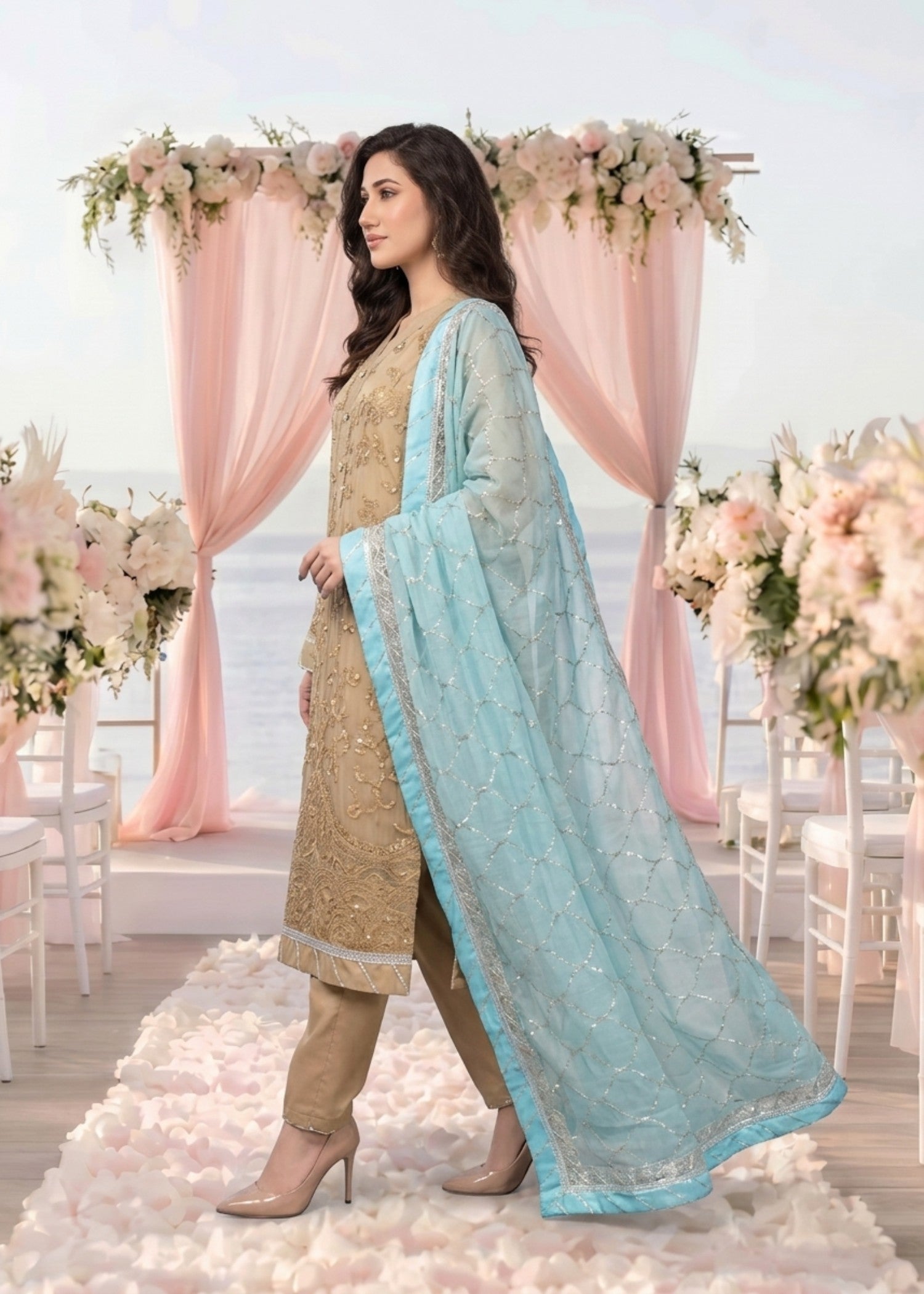 chiffon Kurta Set in Sand brown
