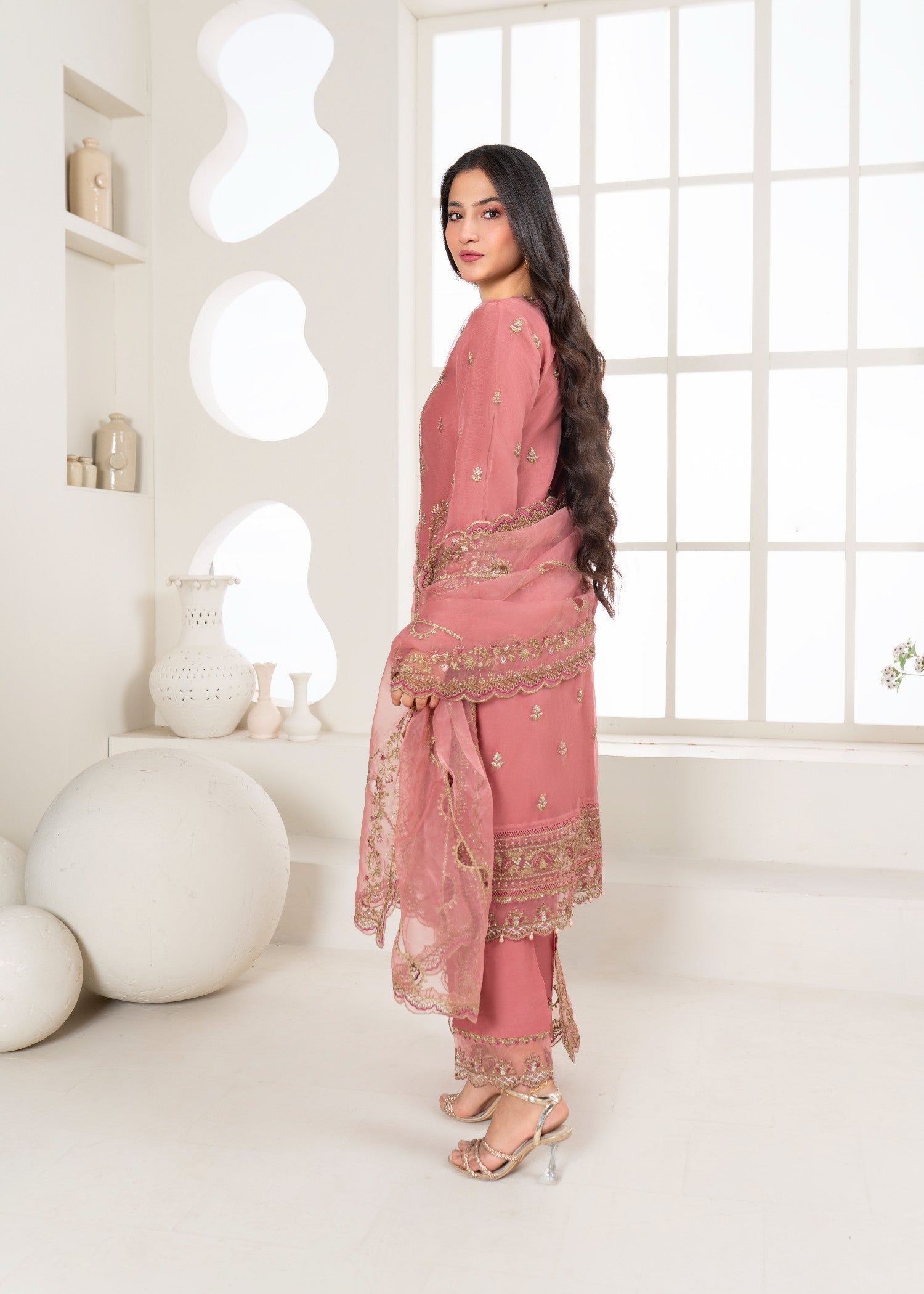 organza Kurta Set in Melon pink