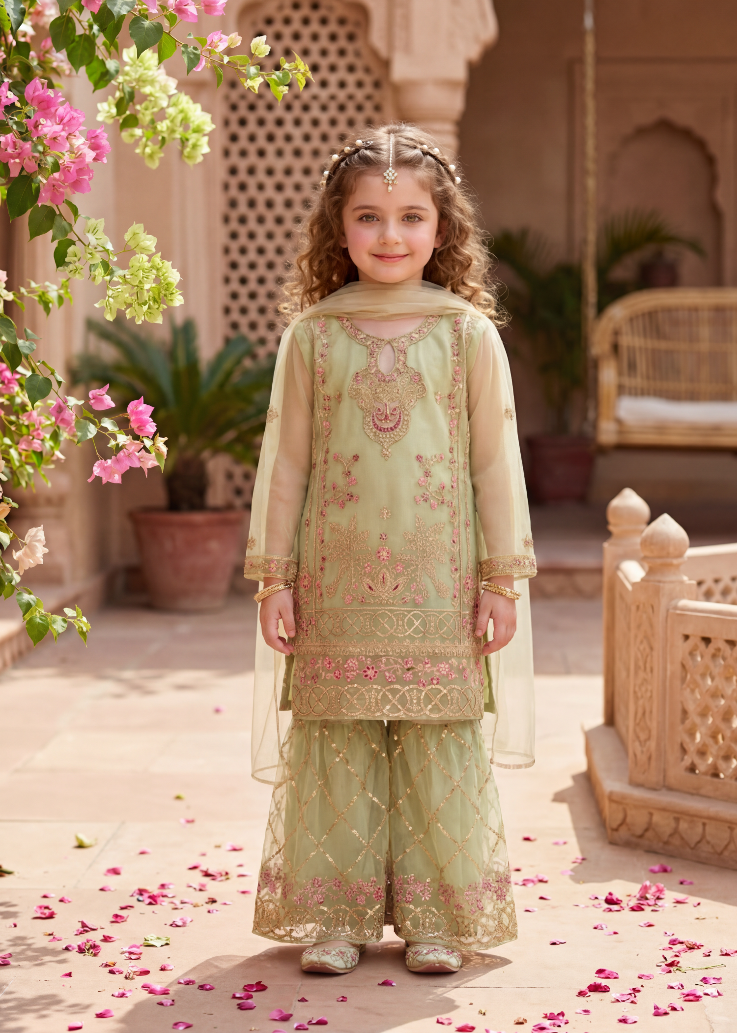 organza Gharara in Pistachio green