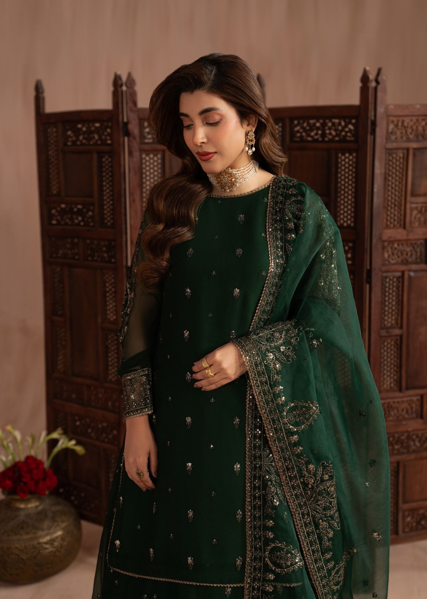 chiffon Lehenga in Bottle green