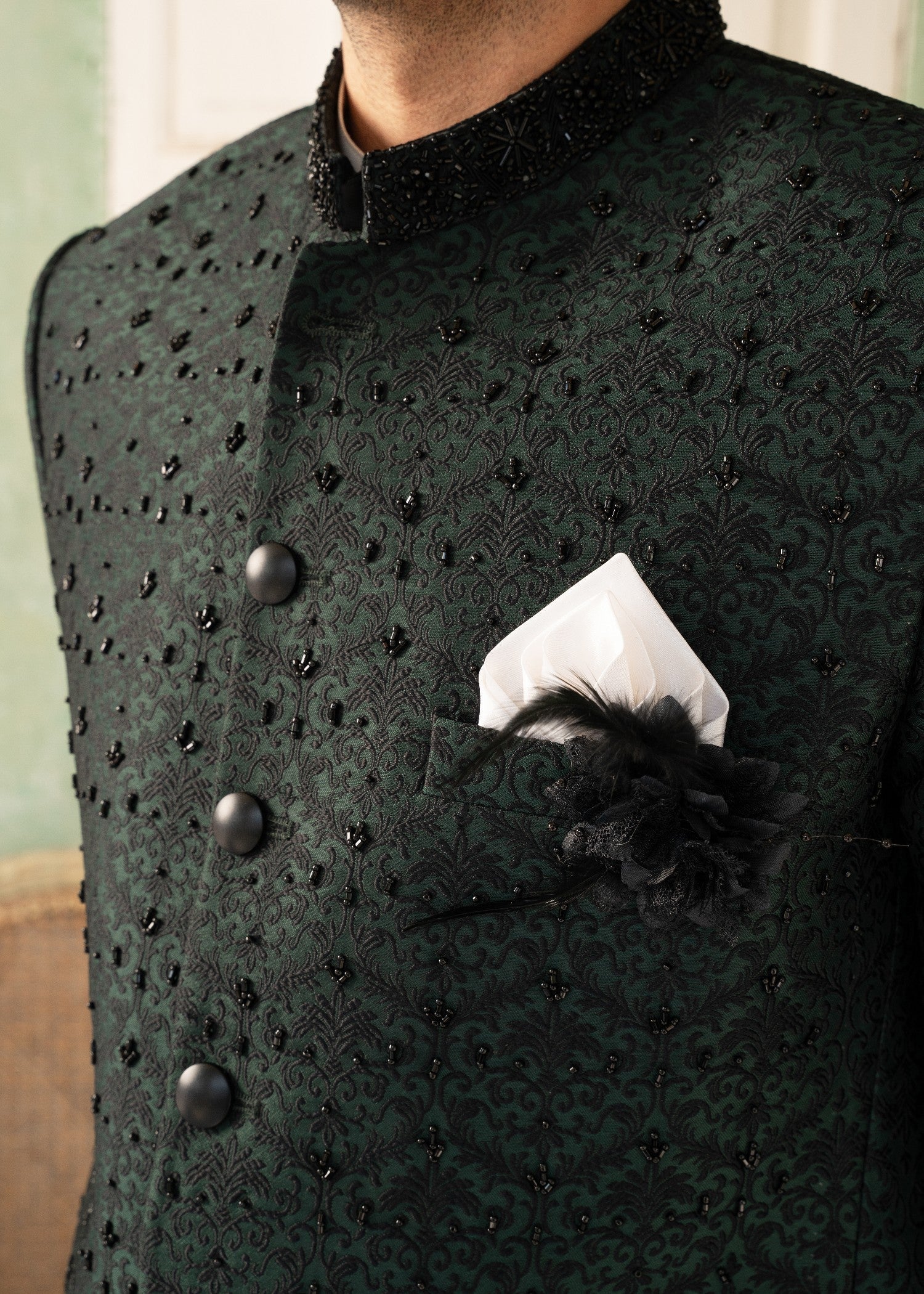 jamawar Prince Coat in Bottle green