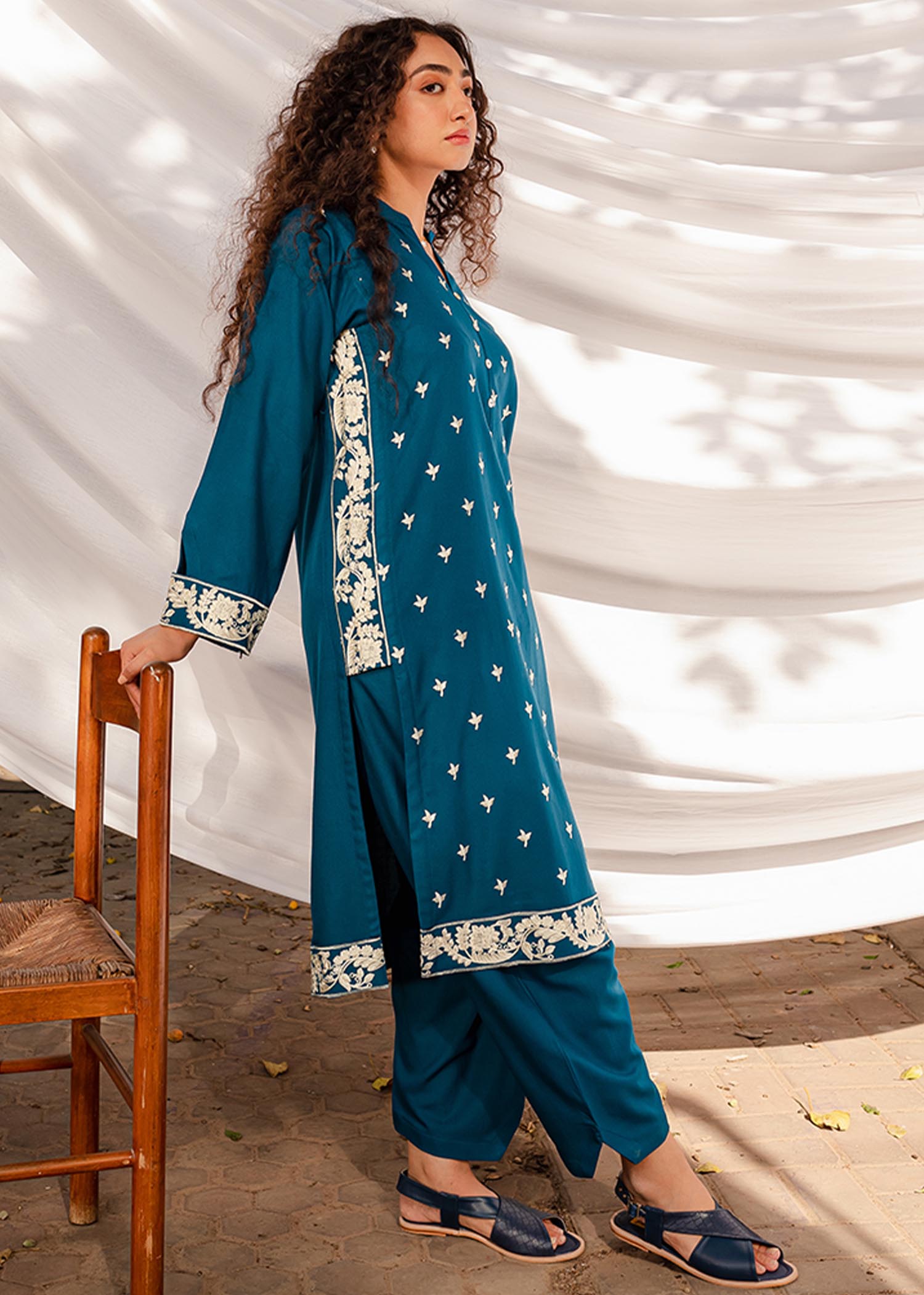 linen Kurta Set in Azure