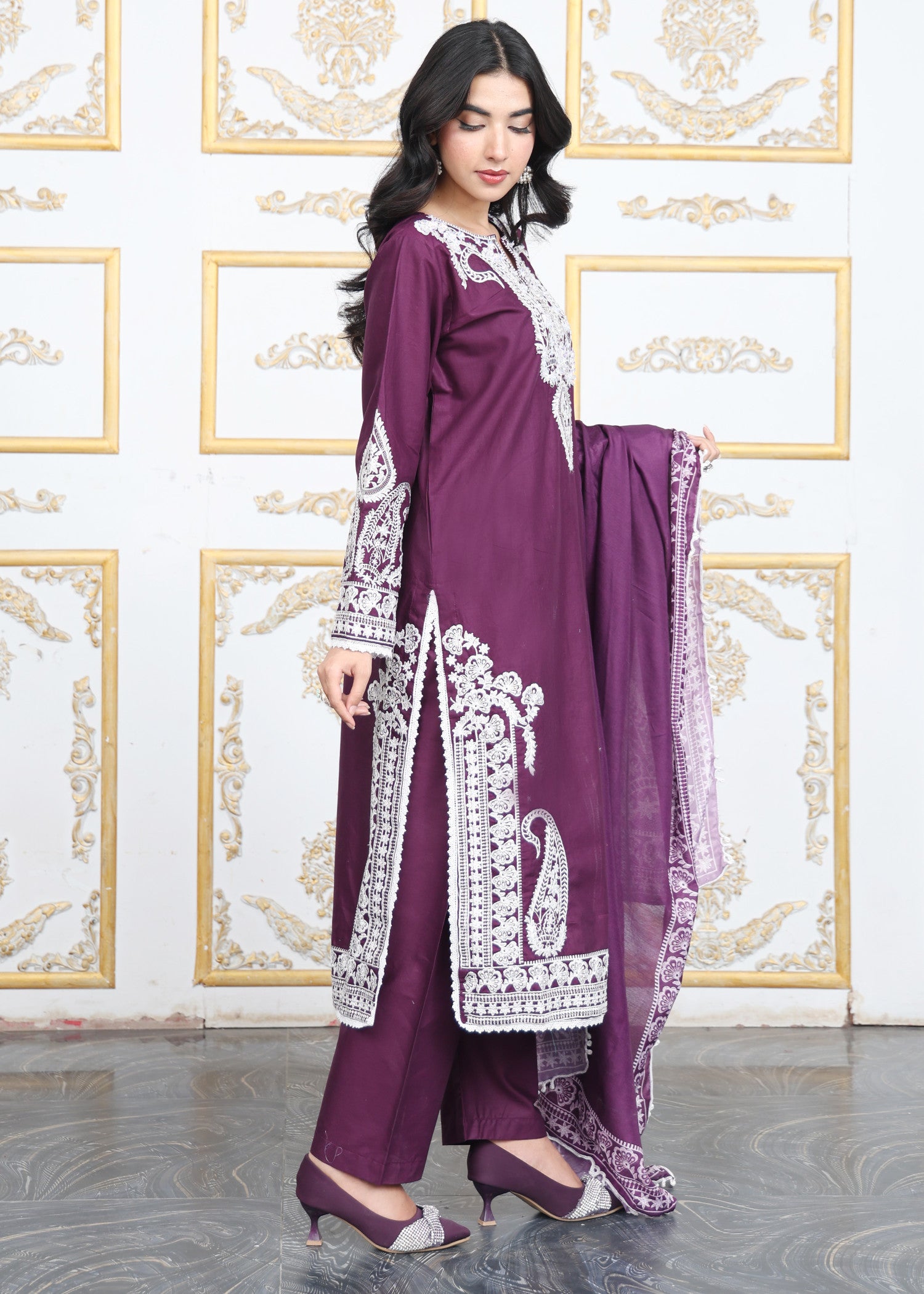 lawn cotton Kurta Set in Plum