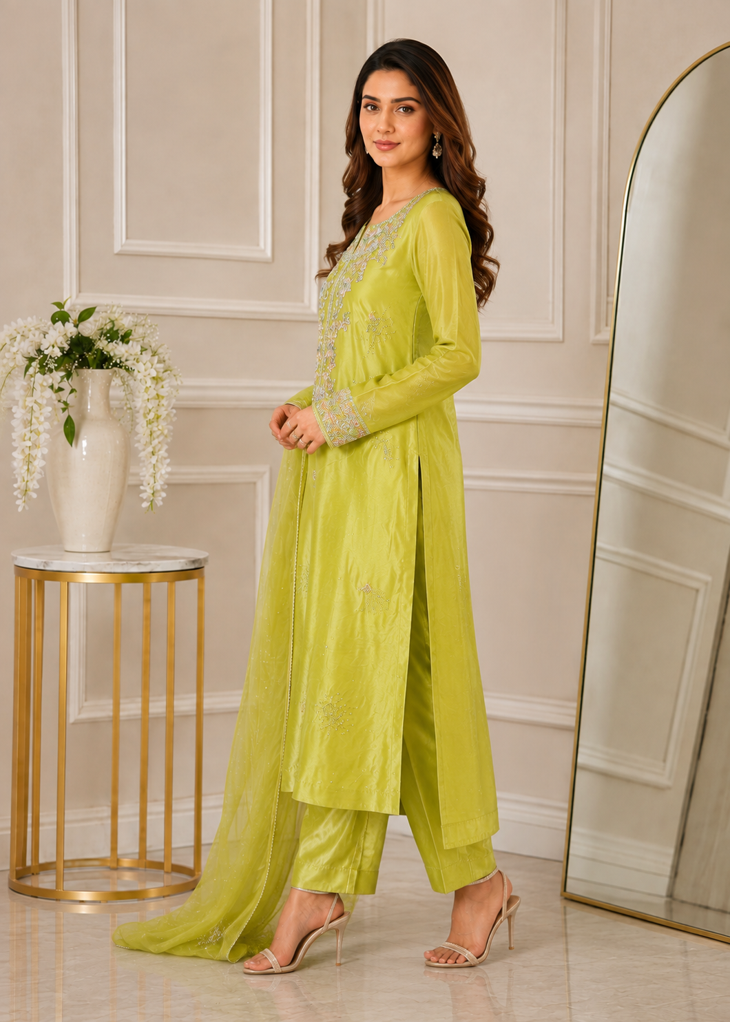 pure silk Kurta Set in Pistachio green