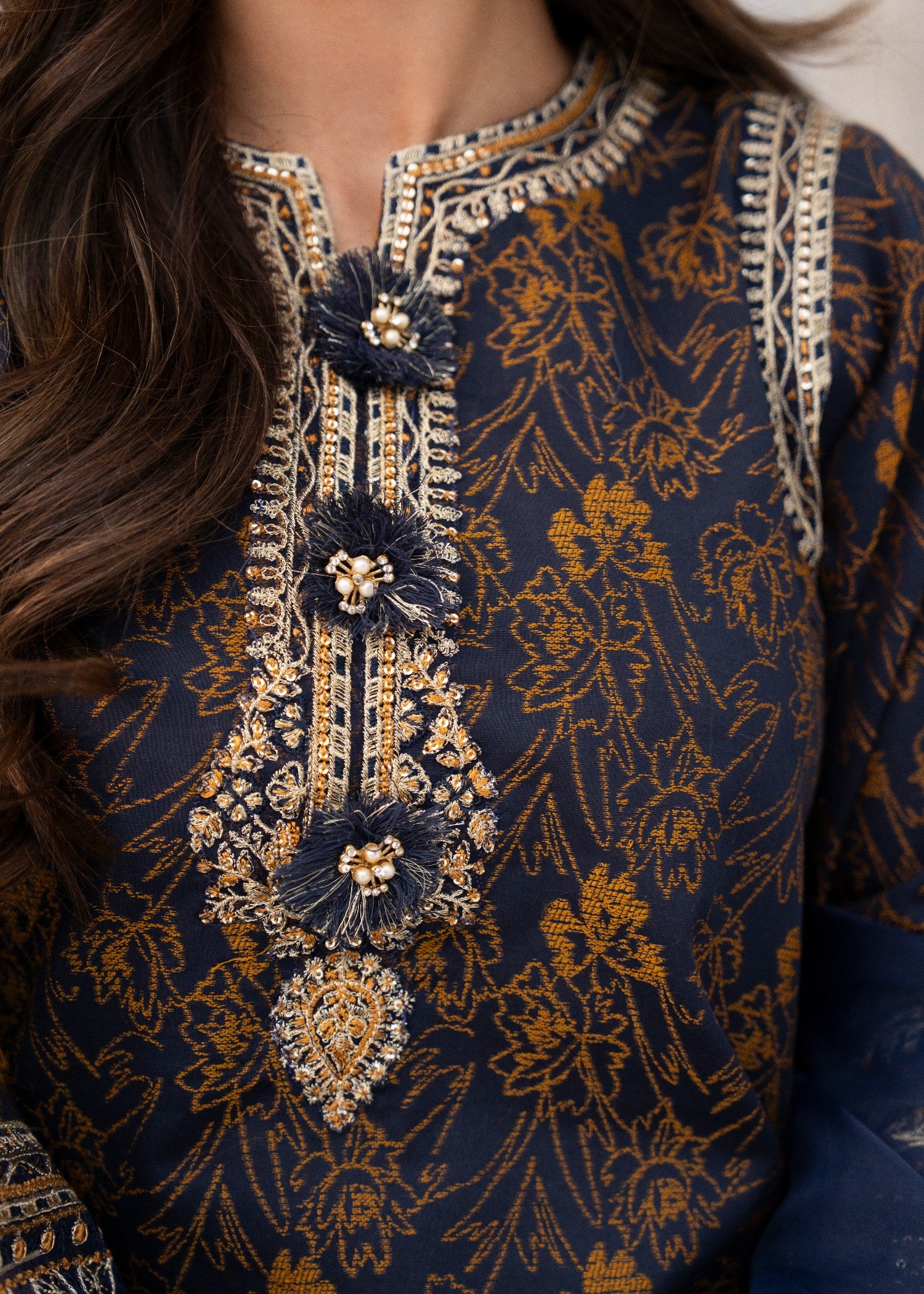 jacquard Kurta Set in Moonlight blue