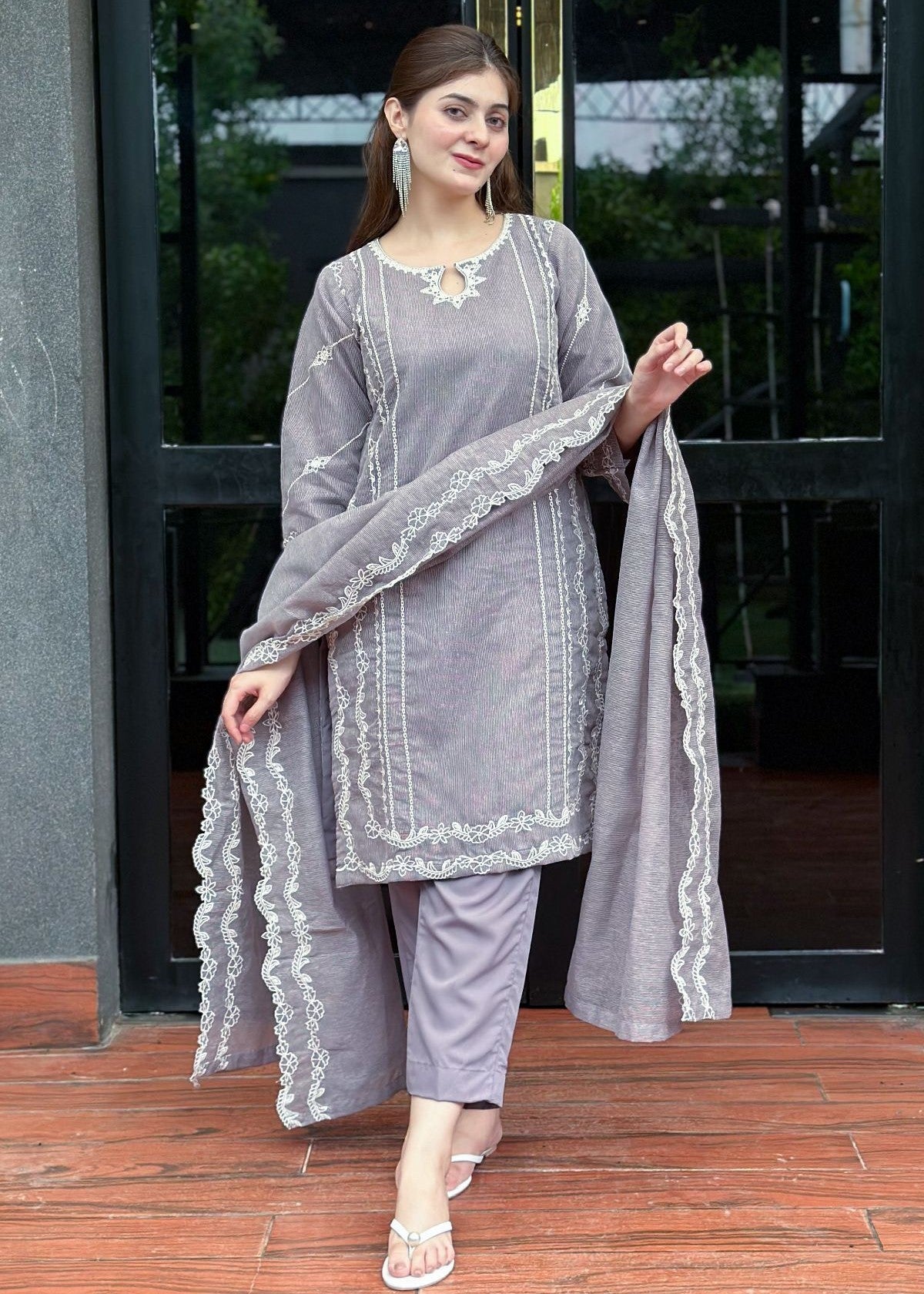 cotton karandi Kurta Set in Grey