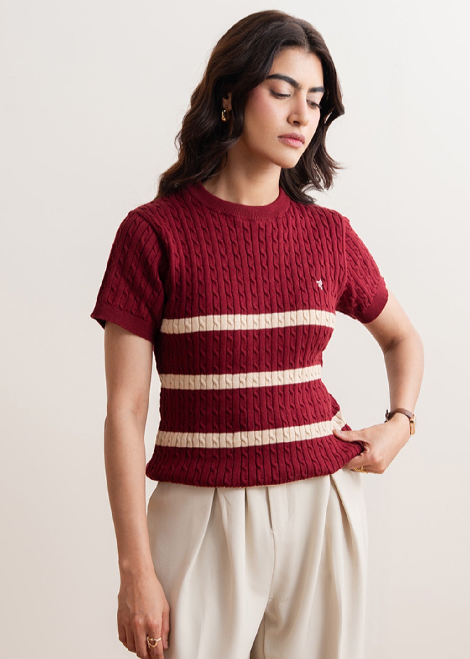 interlock knit T Shirt in Maroon