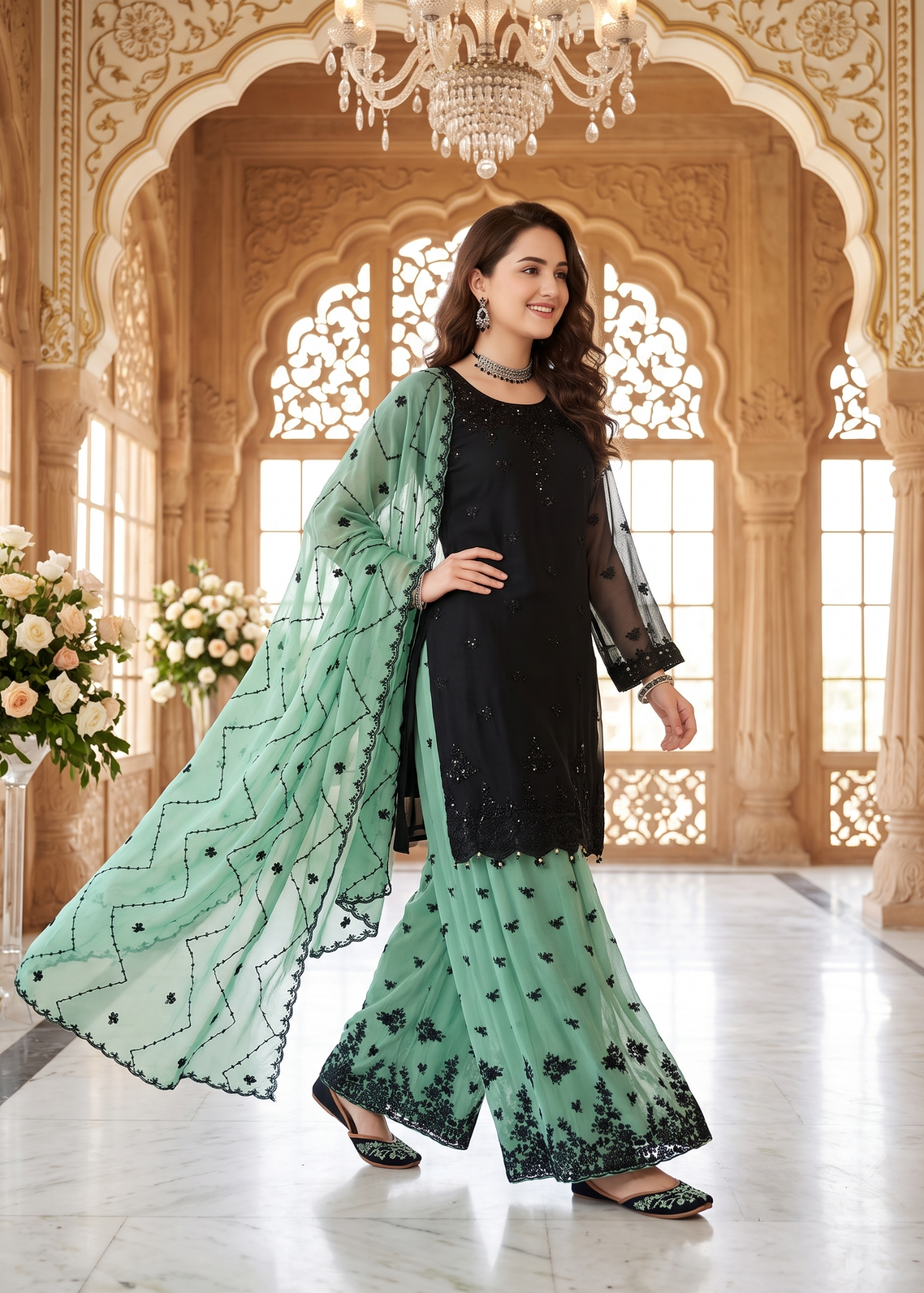 chiffon Sharara in Black, jungle green