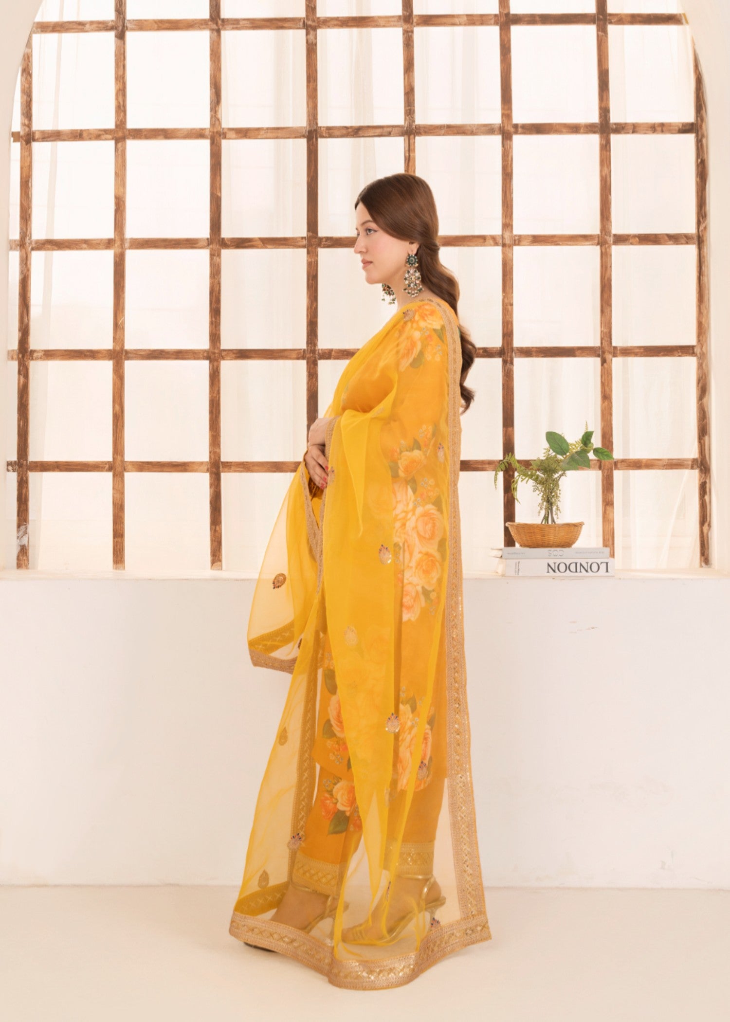 silk charmeuse Kurta Set in Yellow-orange