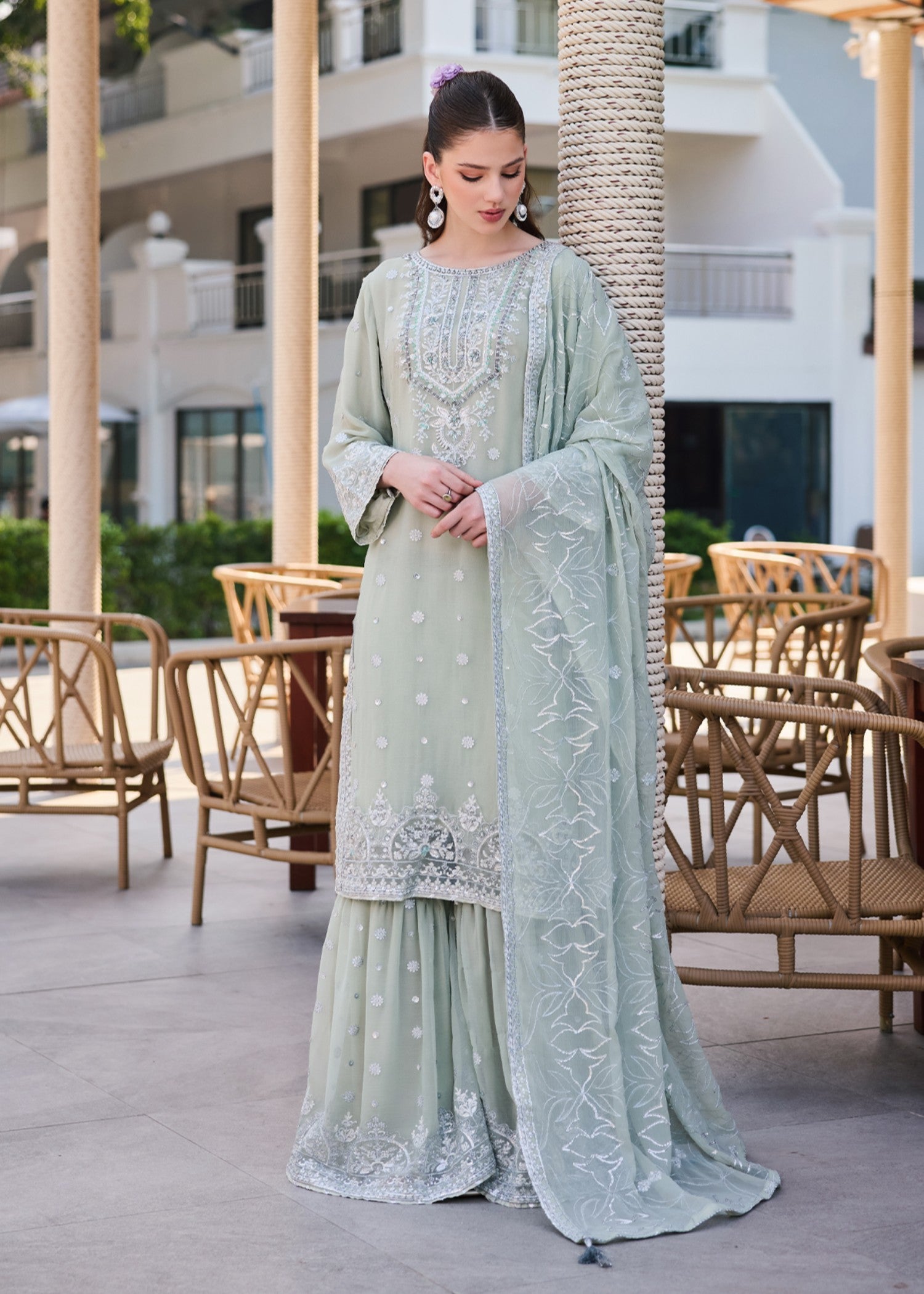 chiffon Gharara in Moss green