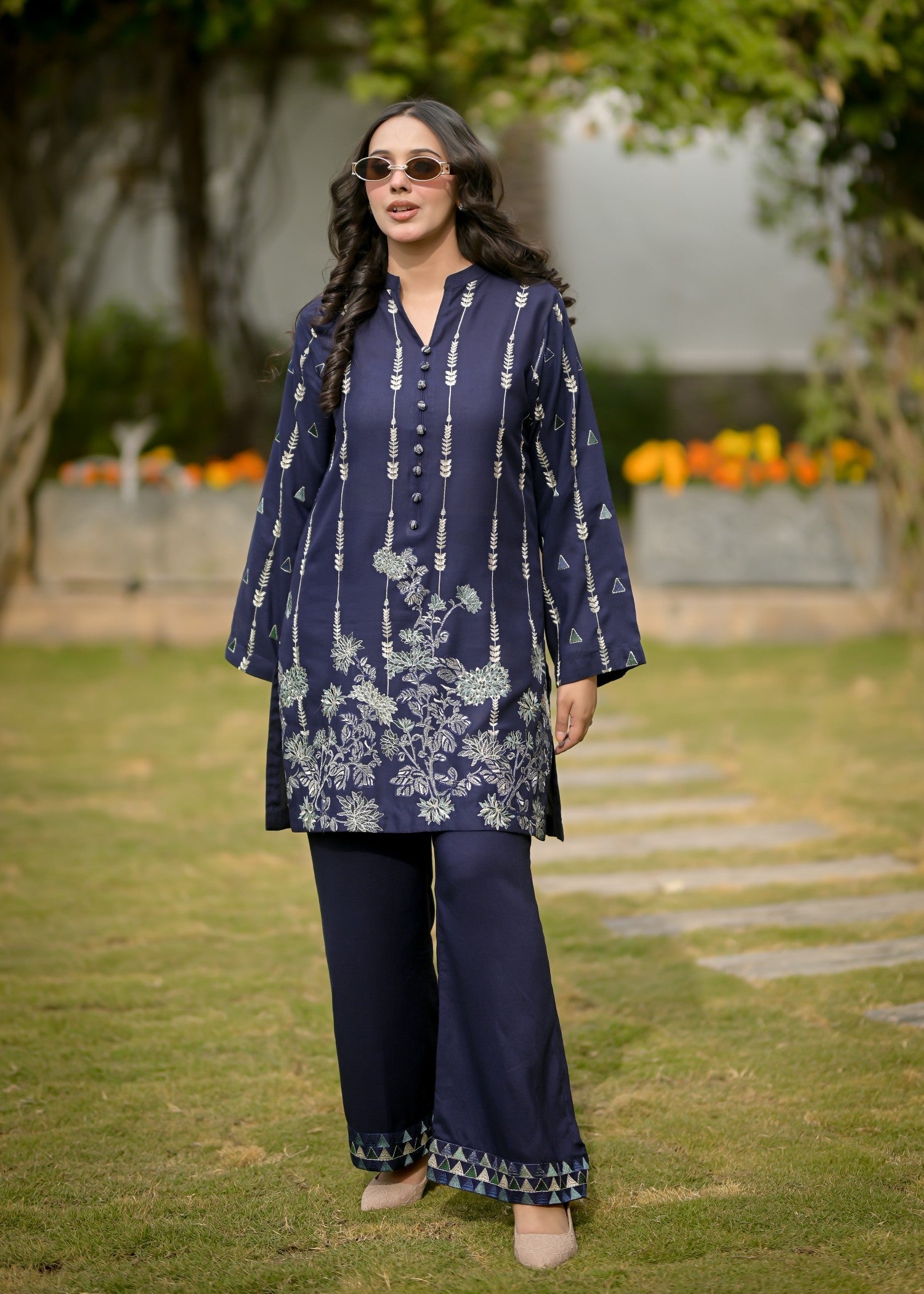 linen Kurta Set in Navy blue