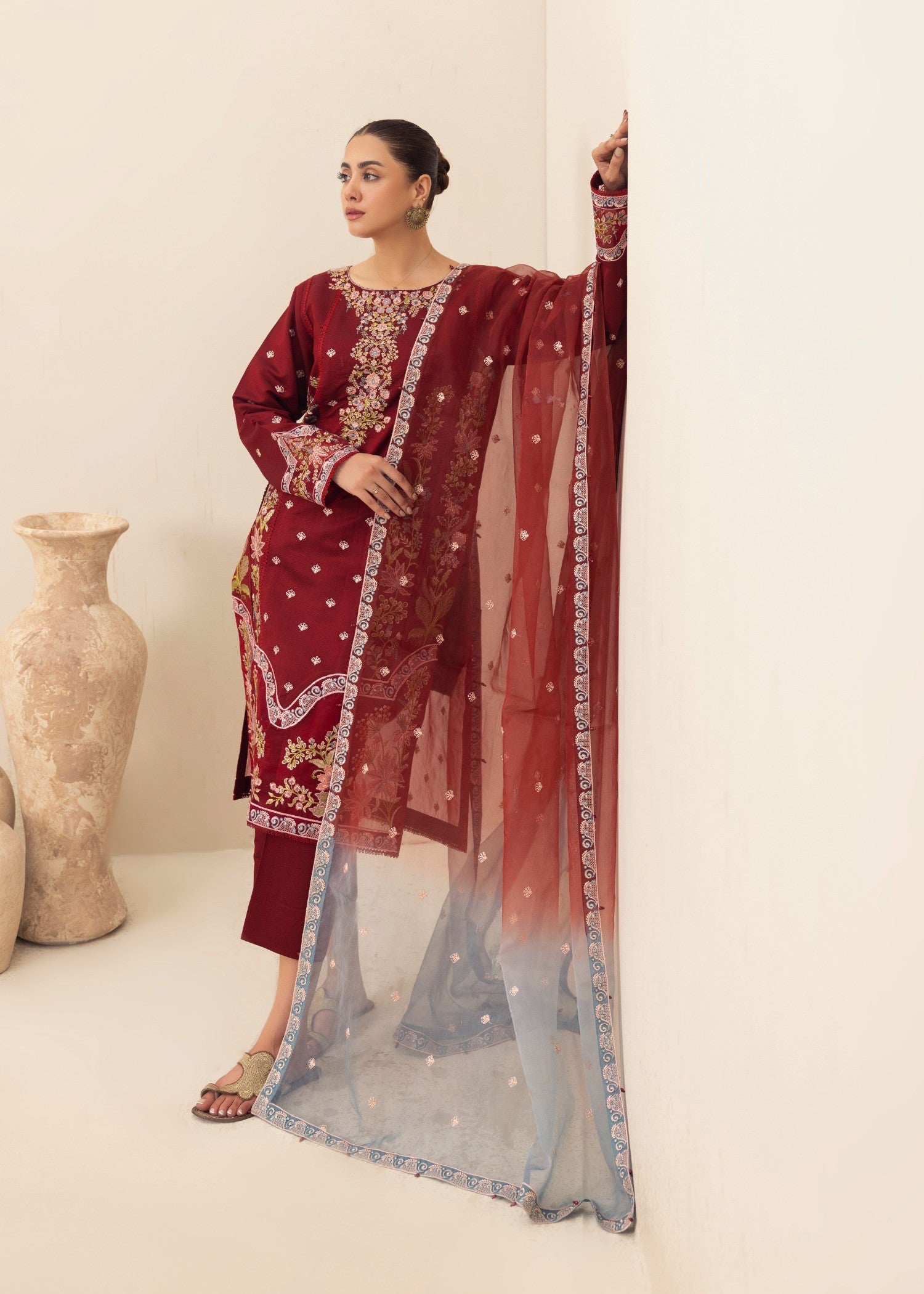 chambray Kurta Set in Maroon