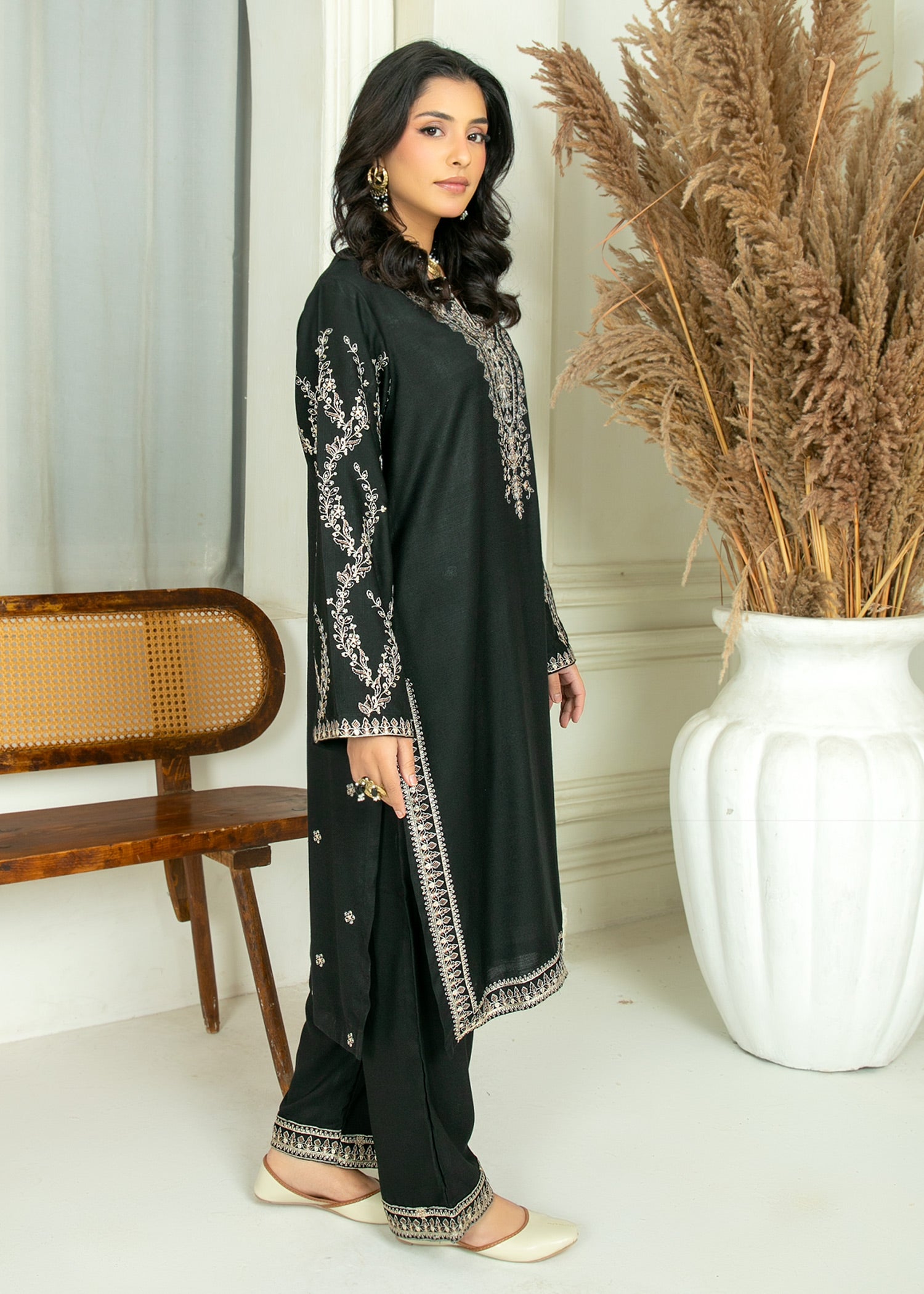 peach wool Kurta Set in Black