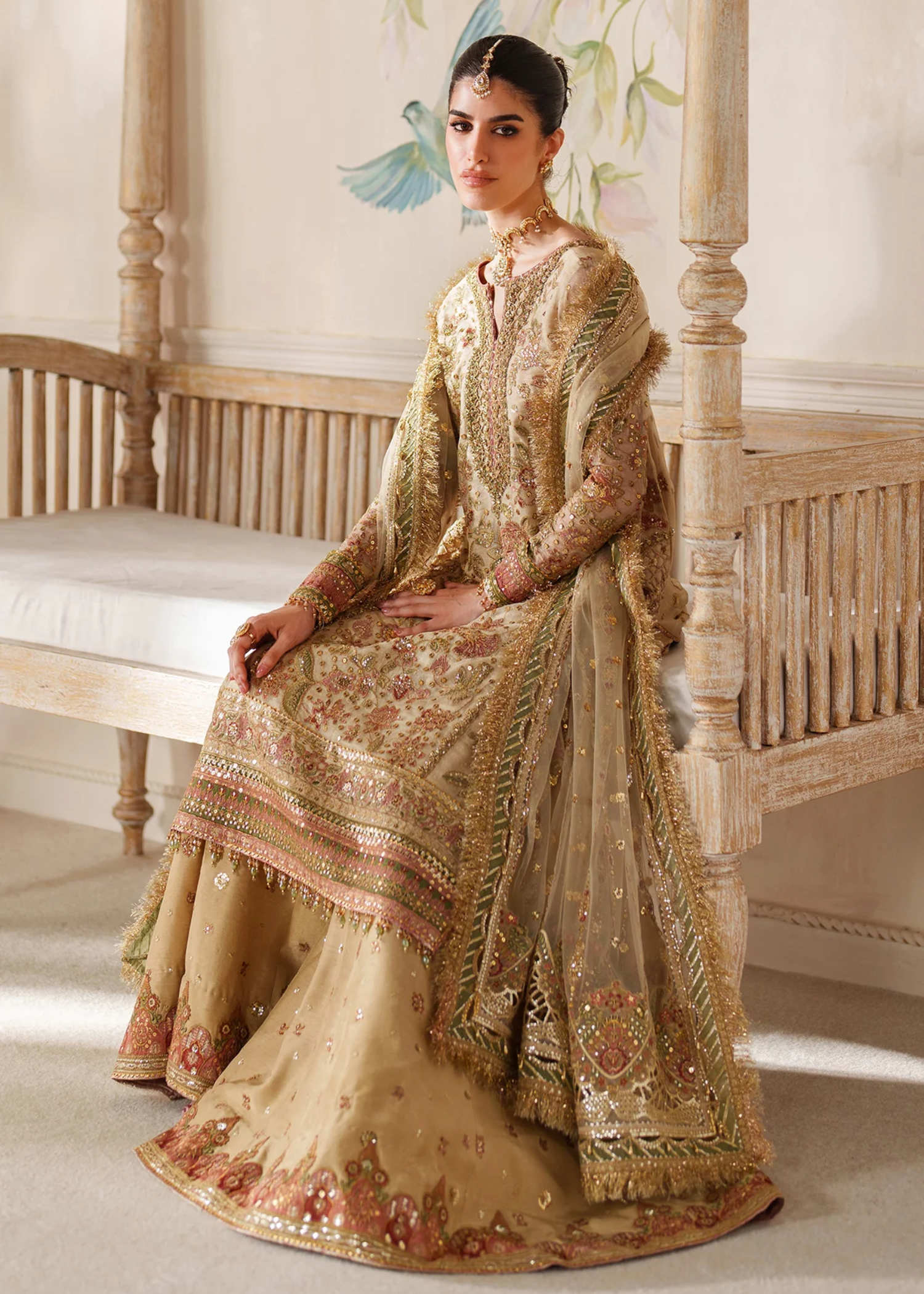 zari net Unstitched in Beige