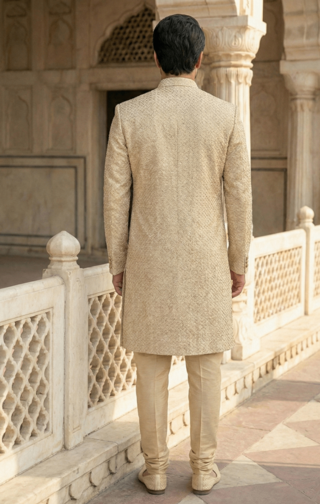 silk Sherwani in White, gold, ivory