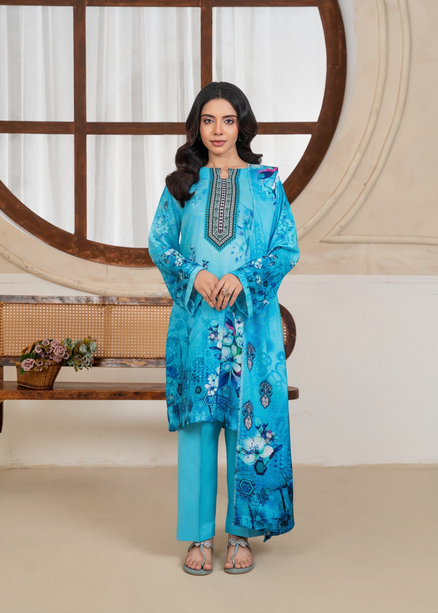 viscose linen Kurta Set in Sky blue, dark cyan