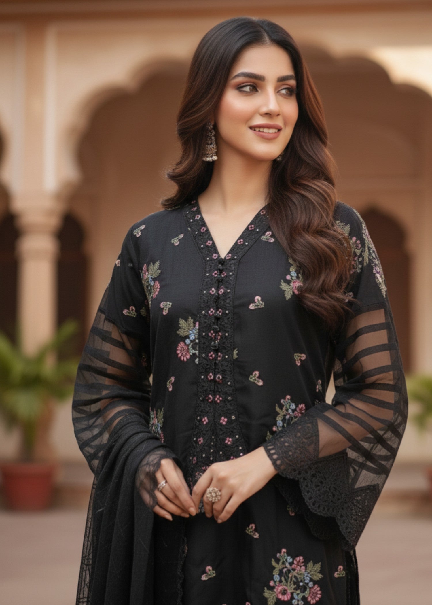 organza net Kurta Set in Black