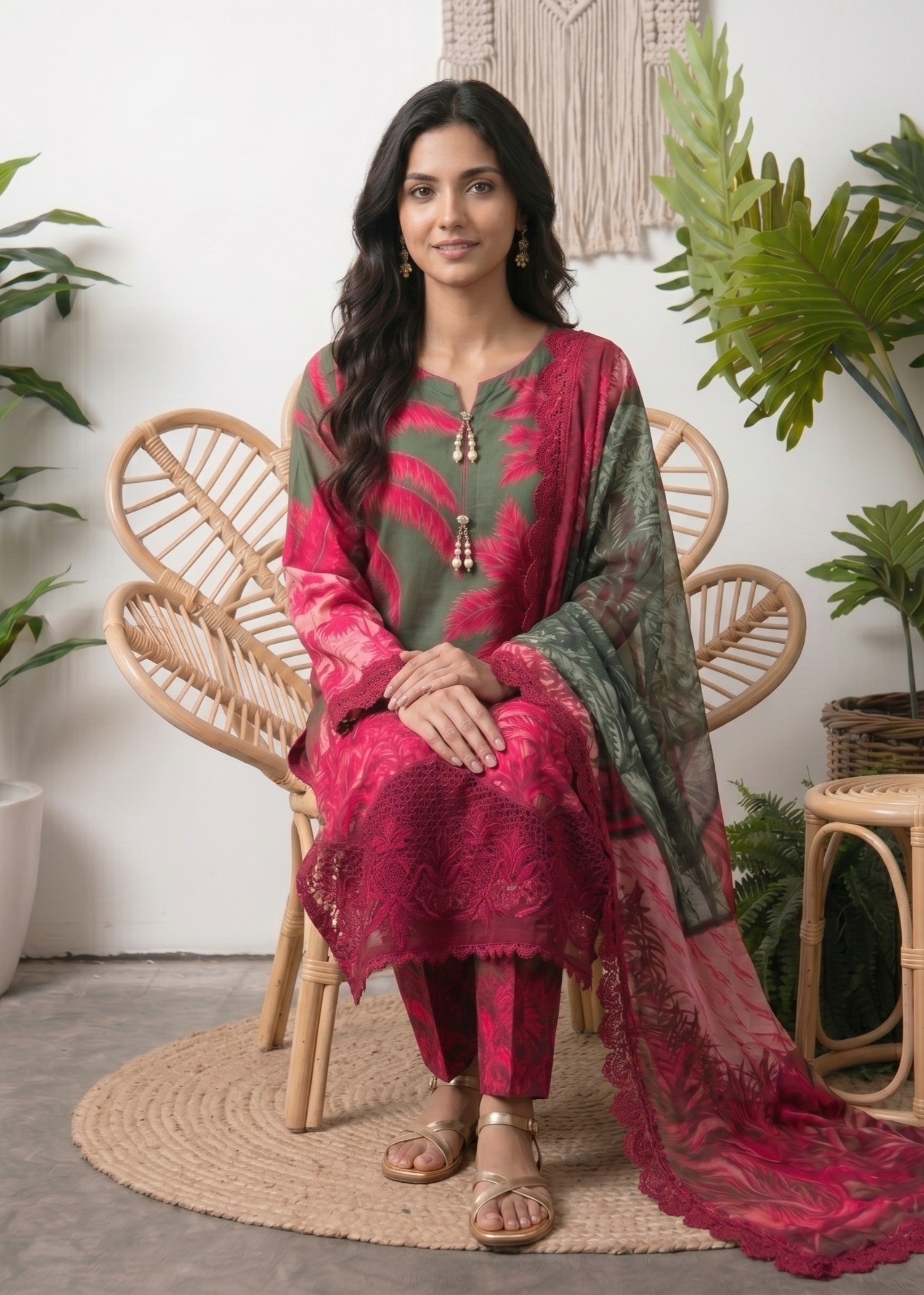 lawn Kurta Set in Green, amaranth