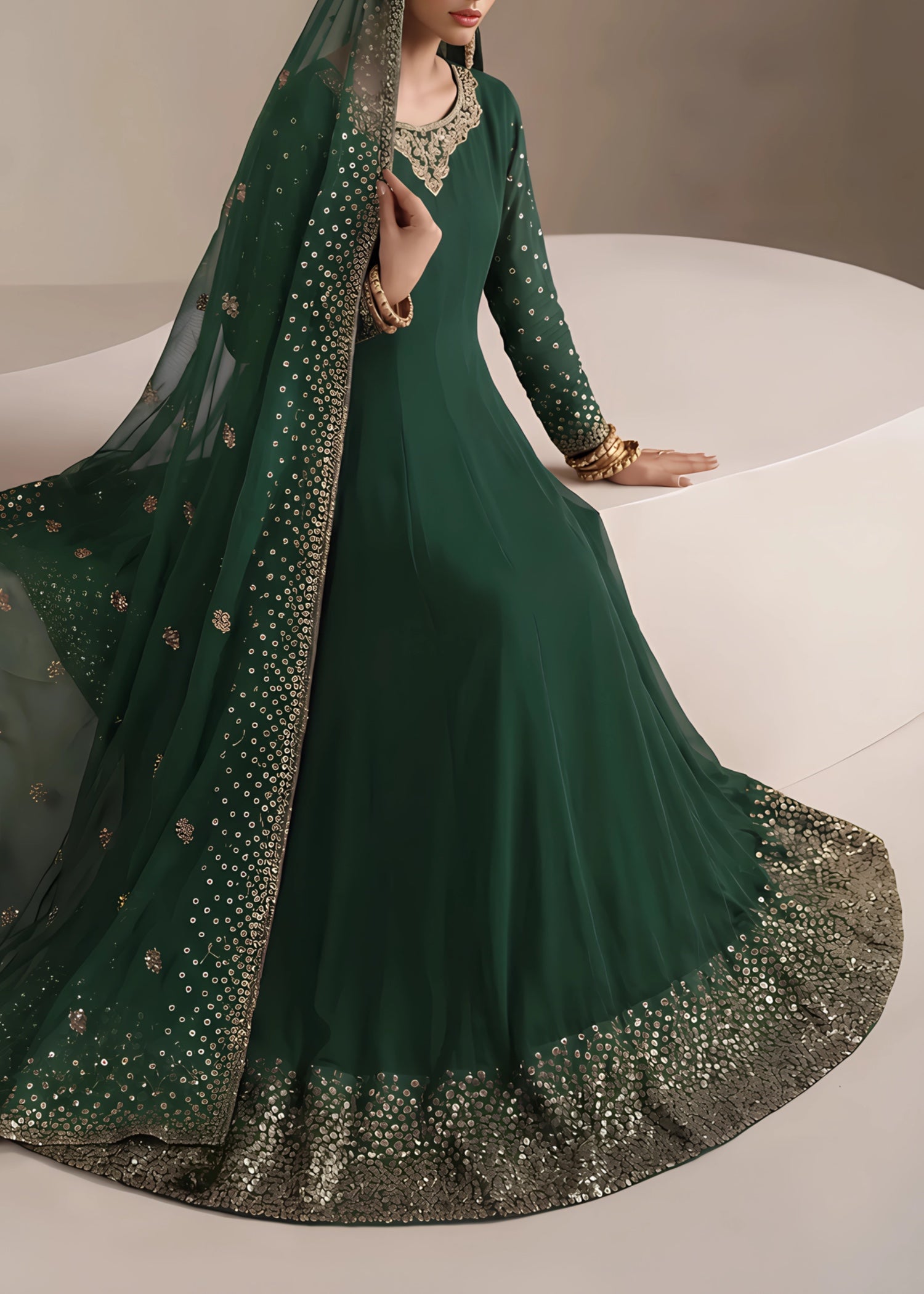 chiffon Pishwas in Bottle green