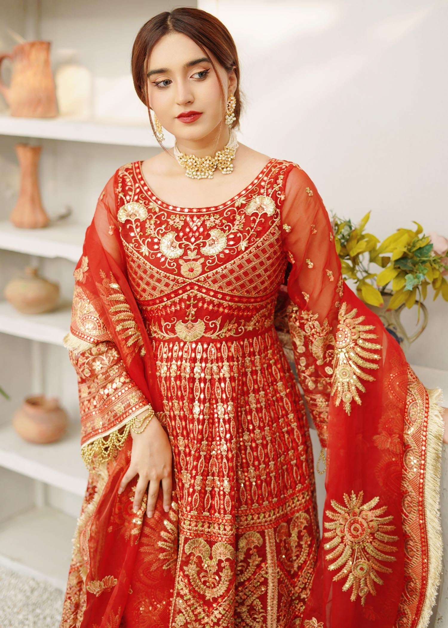 organza Unstitched in Tomato red