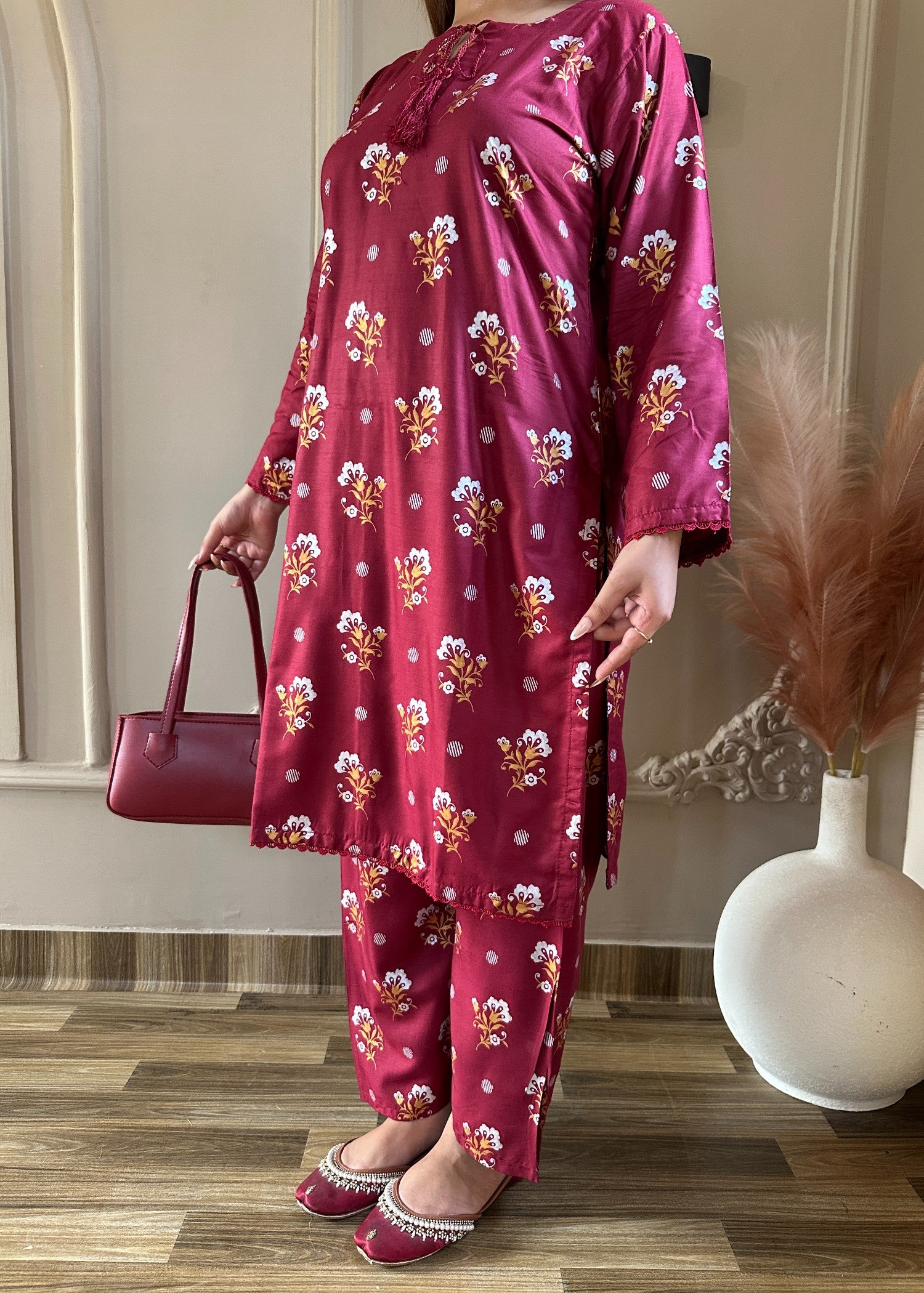 arabic lawn Co Ord Sets in Maroon