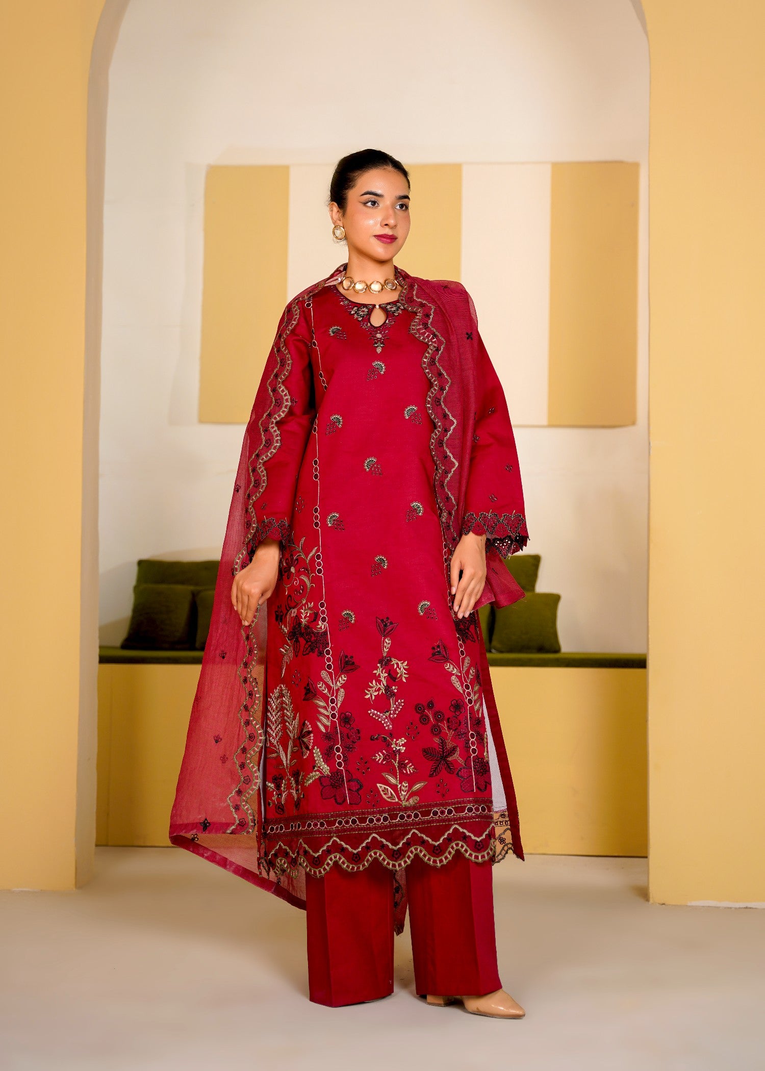slub lawn Unstitched in Crimson
