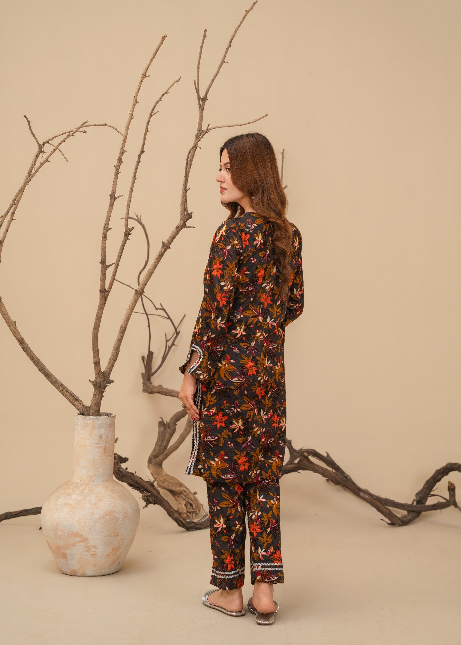 lawn Kurta Set in Charcoal black, yellow ochre, lemon chiffon