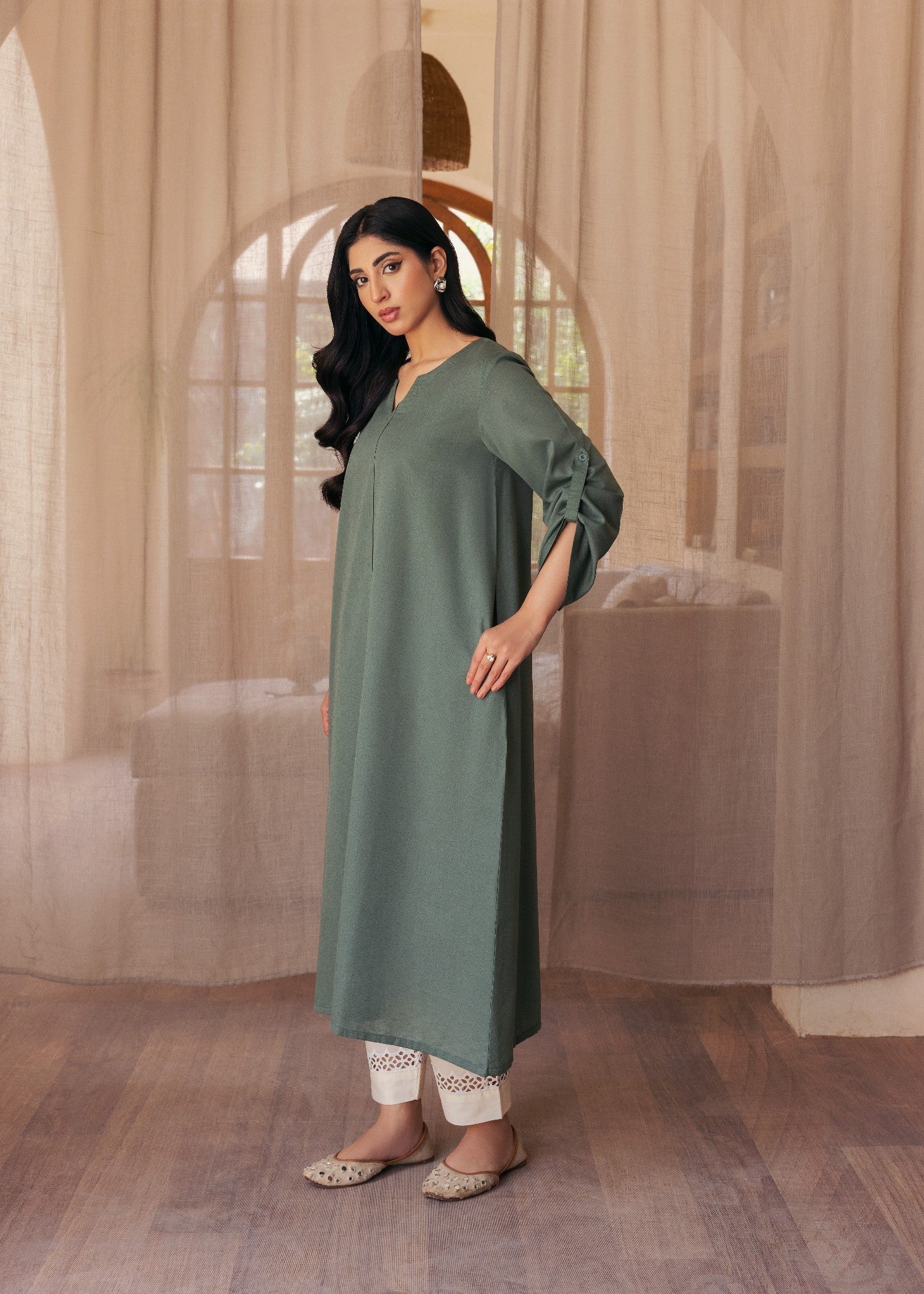 slub khaddar Kurti in Green